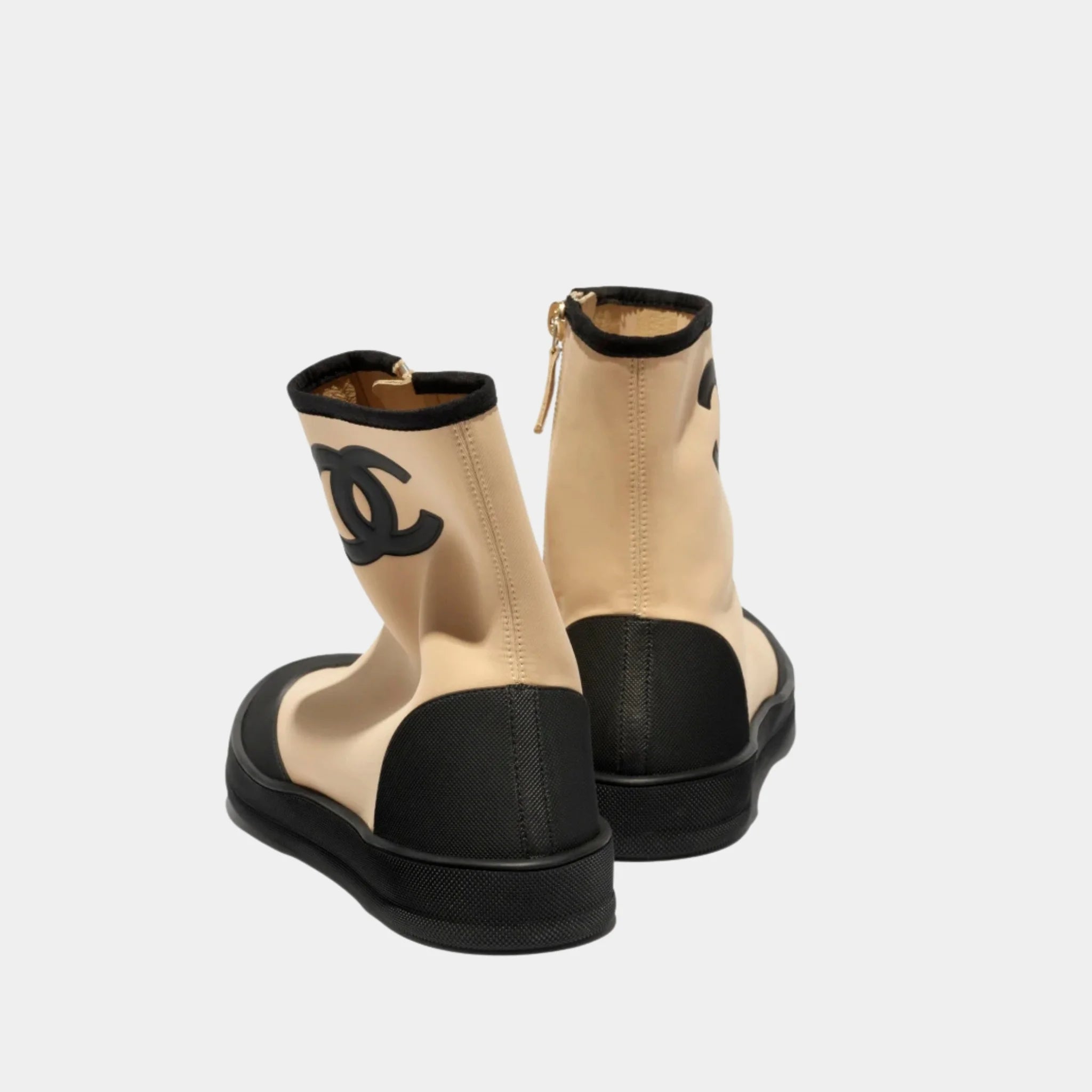 Chanel Short Boots in Mixed Fibers & Rubber, Beige, Black, Back