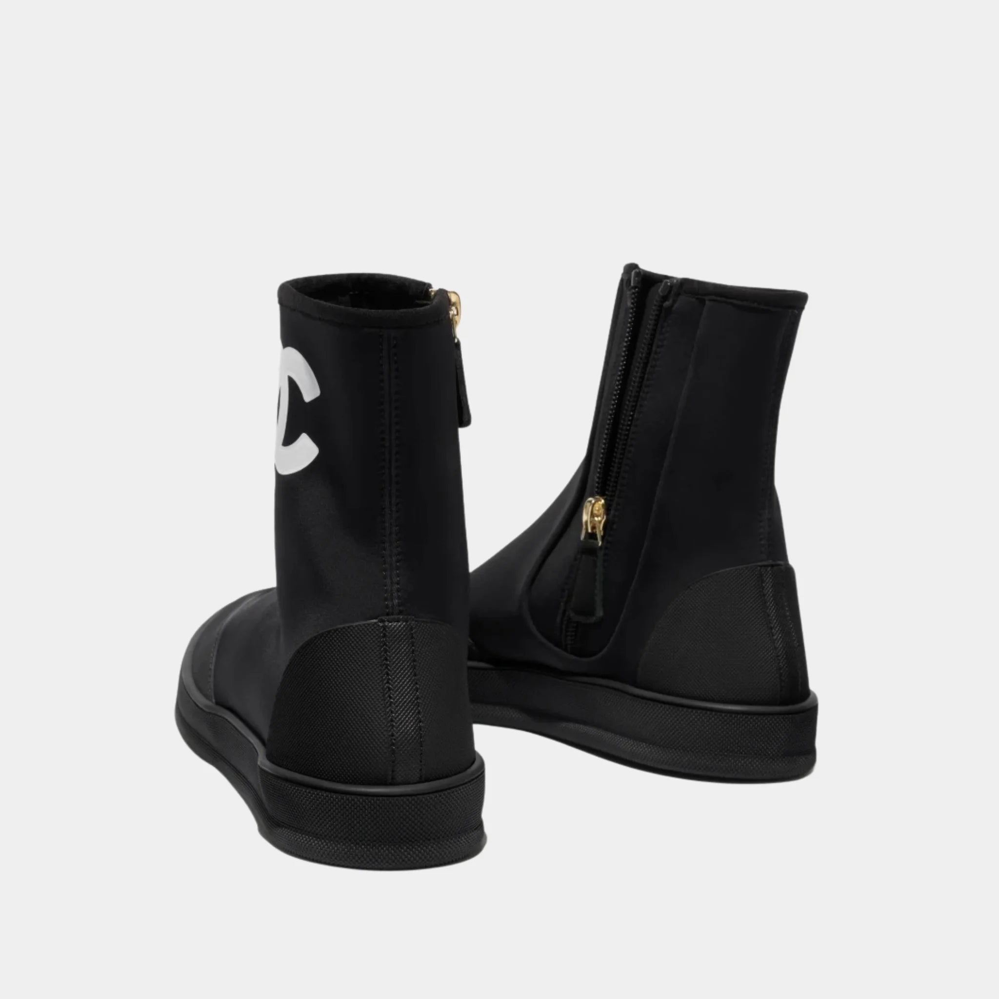 Chanel Short Boots in Mixed Fibers & Rubber, Black, White, Back