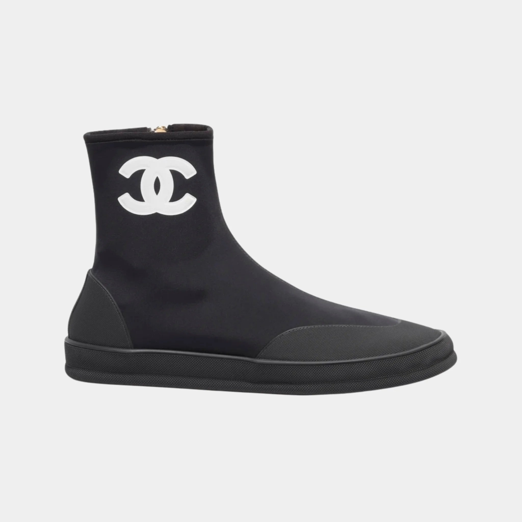 Chanel Short Boots in Mixed Fibers & Rubber, Black, White, Side