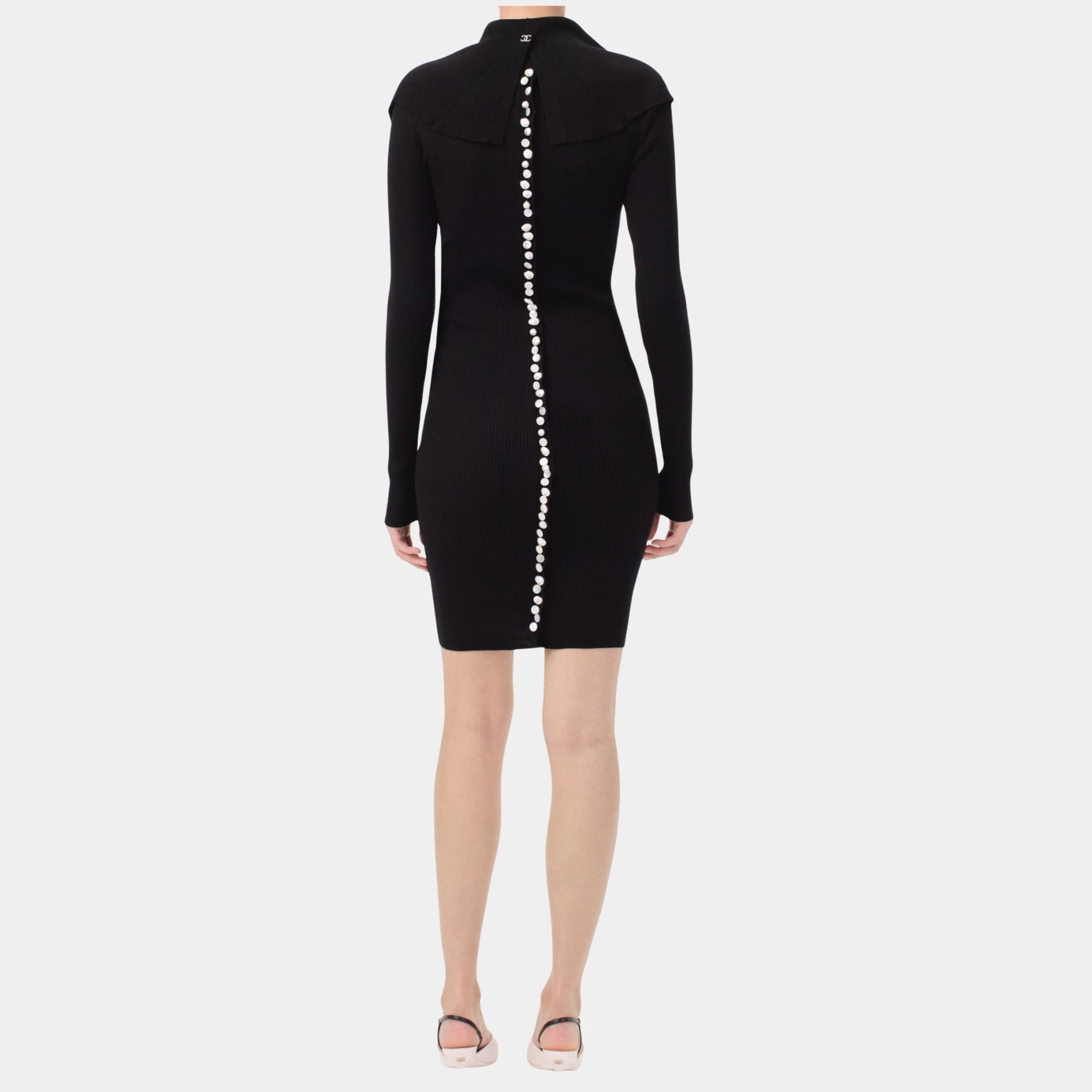 Chanel Short Dress in Black Wool & Silk, Black, Back