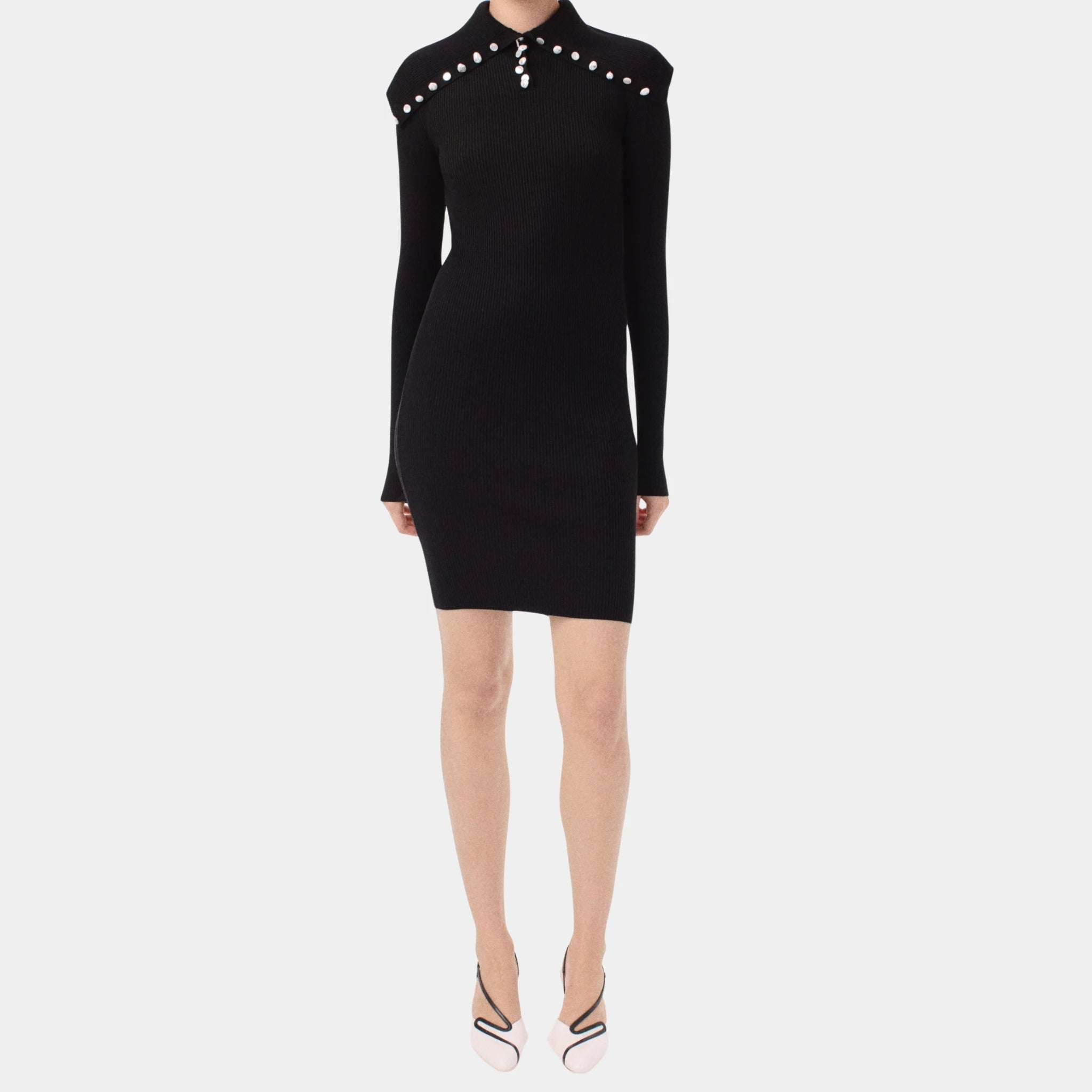 Chanel Short Dress in Black Wool & Silk, Black, Front