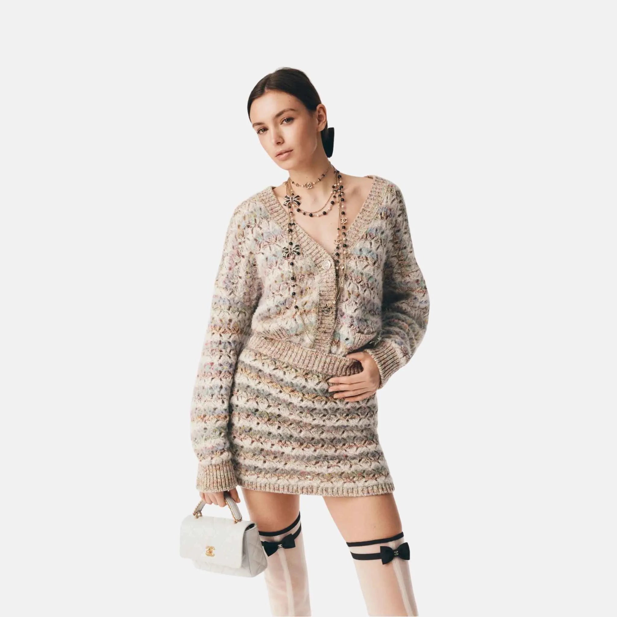 Chanel Skirt in Light Gray and Multicolor Wool and Cashmere, Front