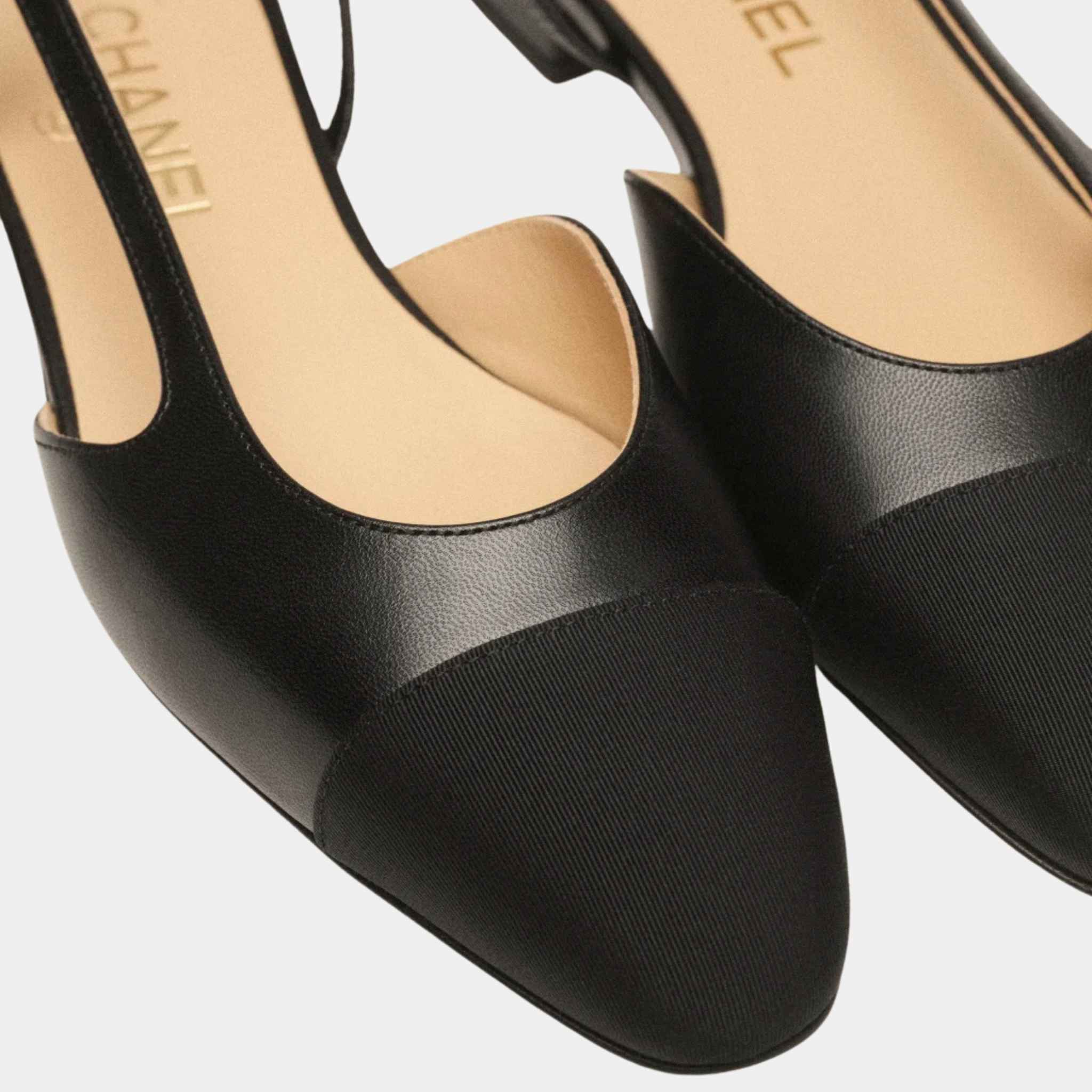 Chanel Slingback in Goatskin and Grosgrain, Black, Close