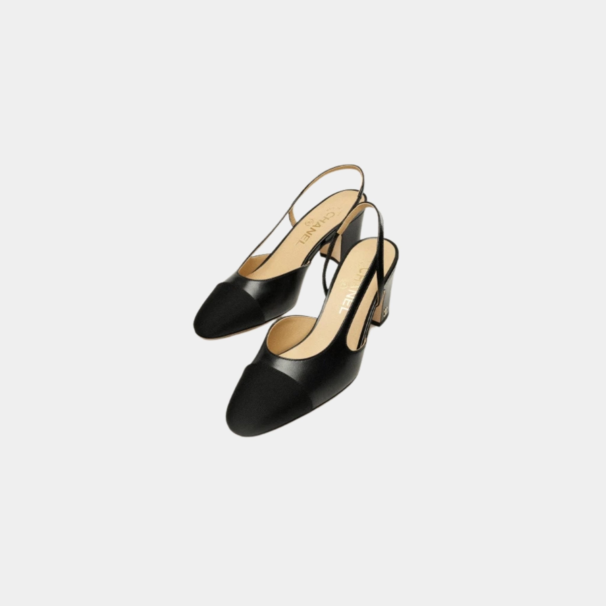 Chanel Slingback Heels In Goatskin And Grosgrain, Black, Front