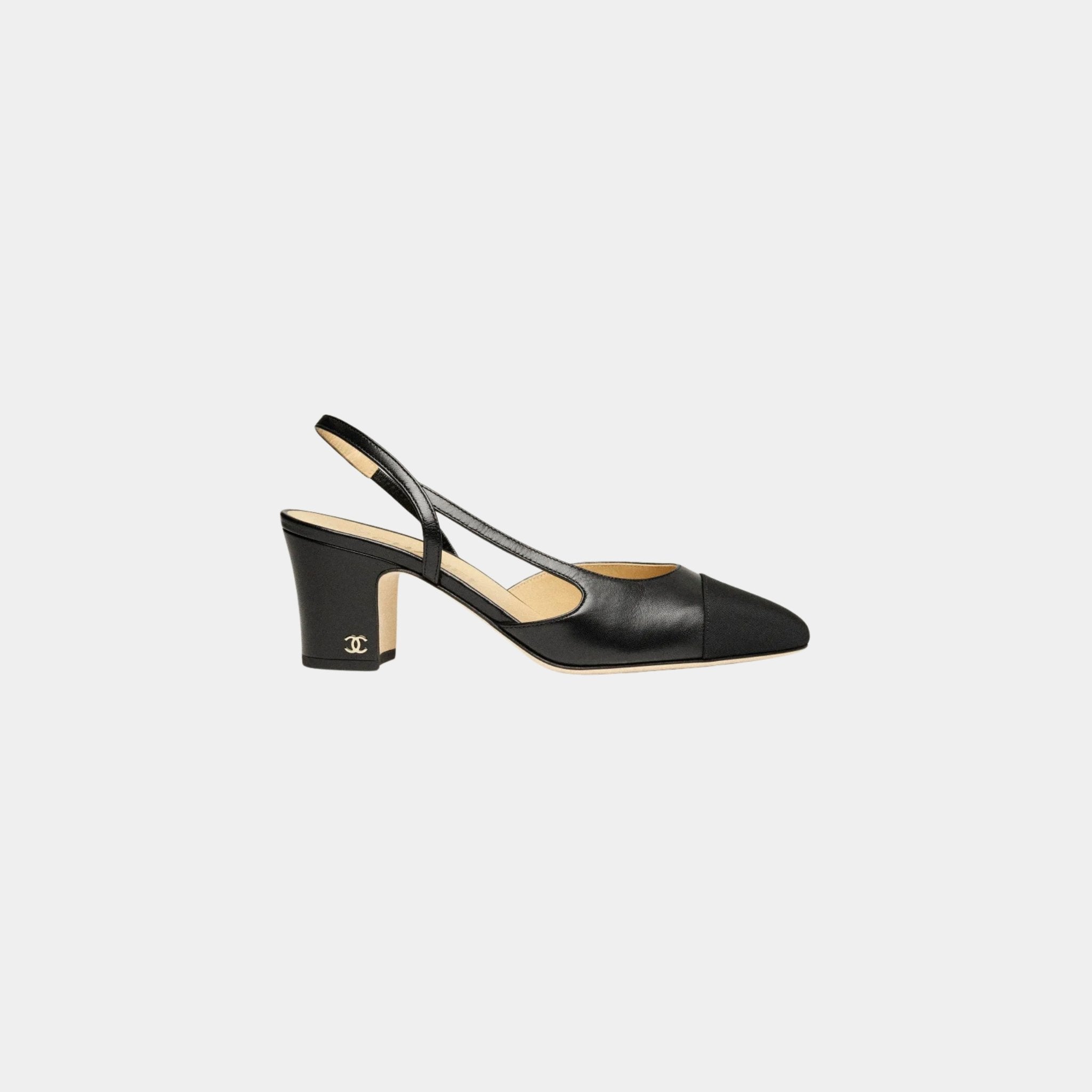 Chanel Slingback Heels In Goatskin And Grosgrain, Black, Side