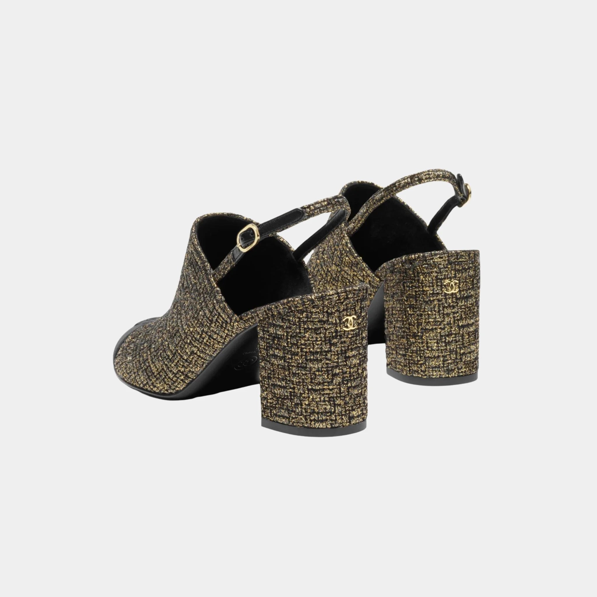 Chanel Slingback in Tweed & Grosgrain, Black, Gold, Back