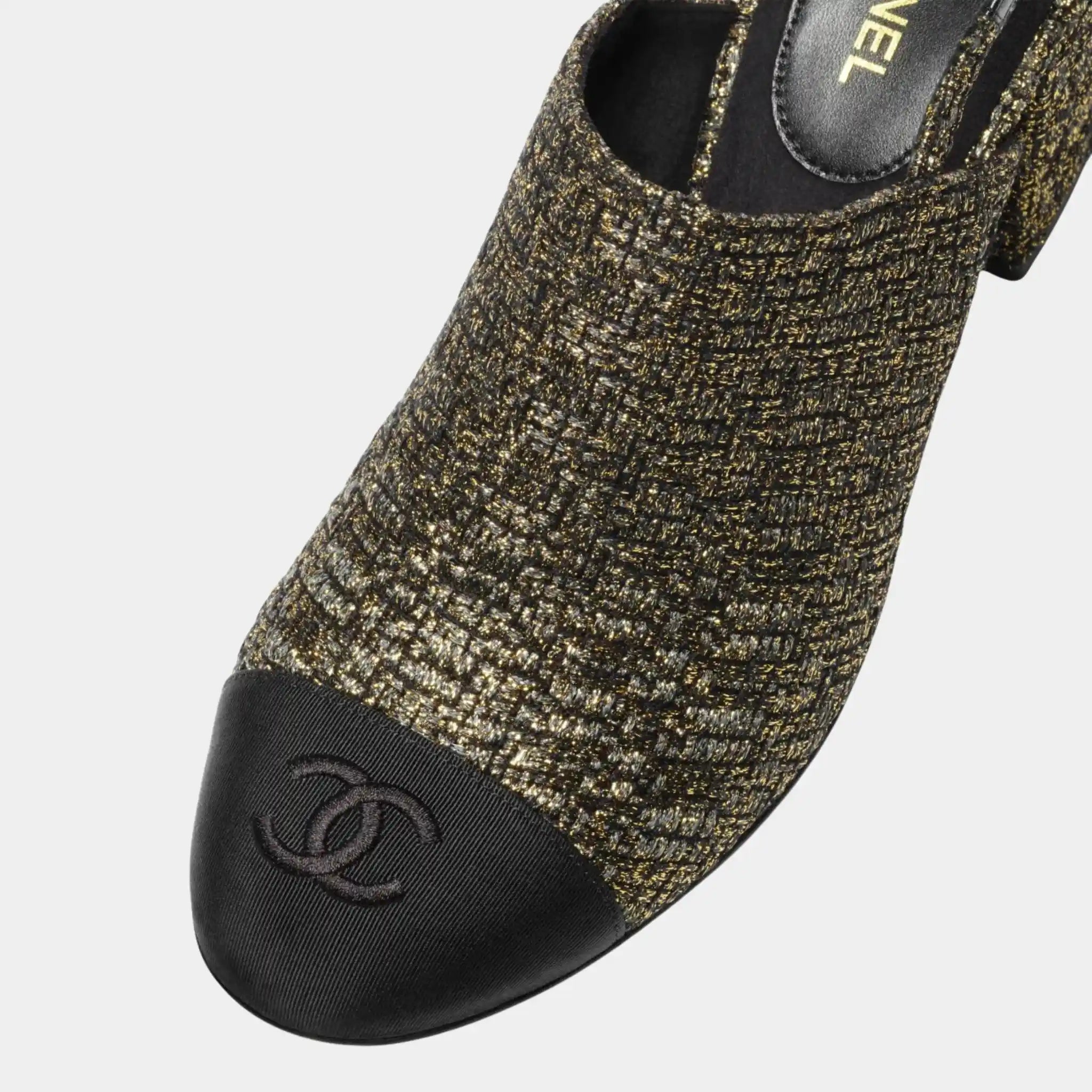 Chanel Slingback in Tweed & Grosgrain, Black, Gold, Top