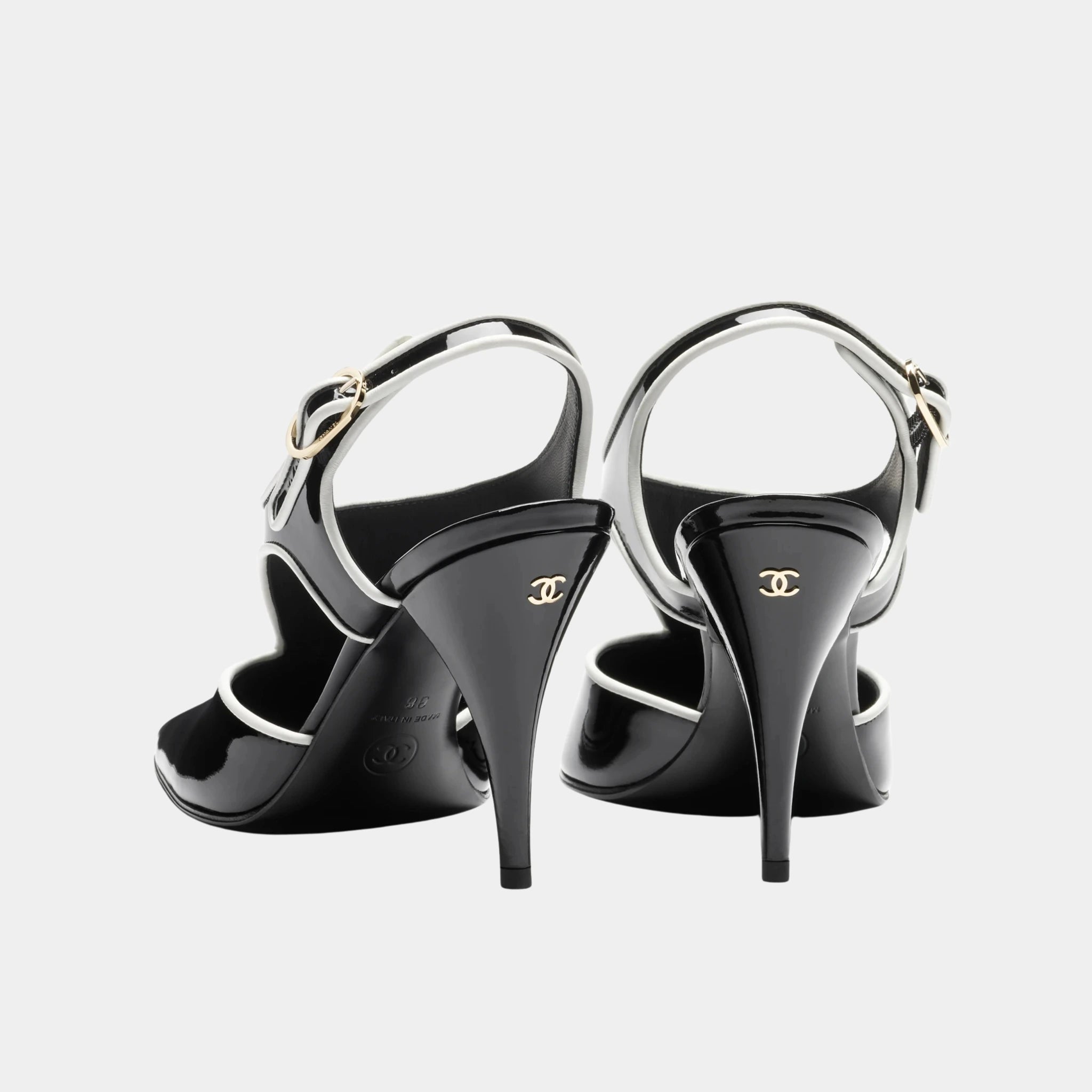 Chanel Slingbacks in Patent Calfskin & Lambskin, Black, White, Back