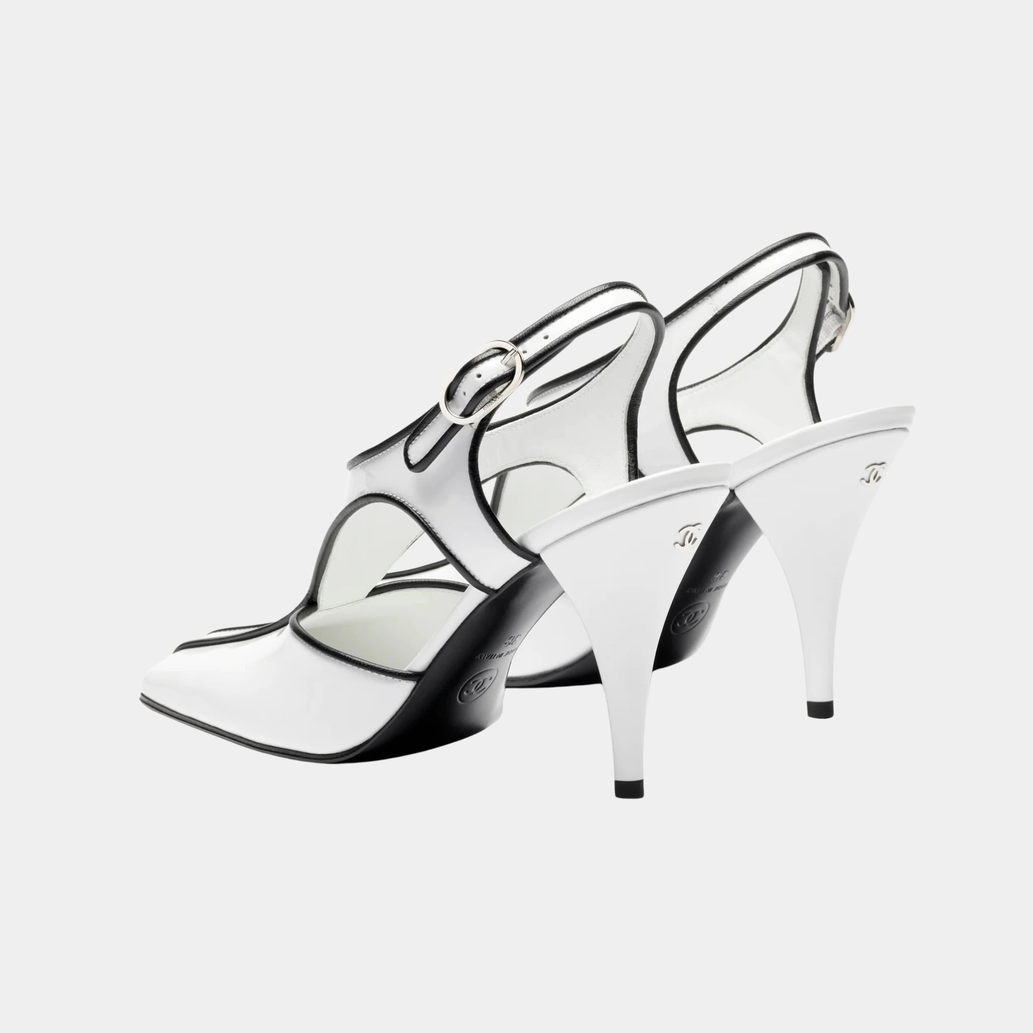 Chanel Slingbacks in Patent Calfskin & Lambskin, White, Black, Back