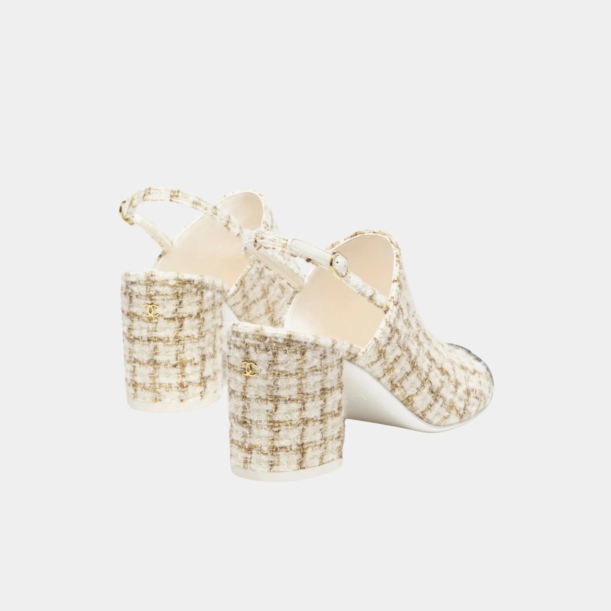 Chanel Slingbacks in Wool, Mohair Tweed & Grosgrain, Ecru, Beige, Gold, Back