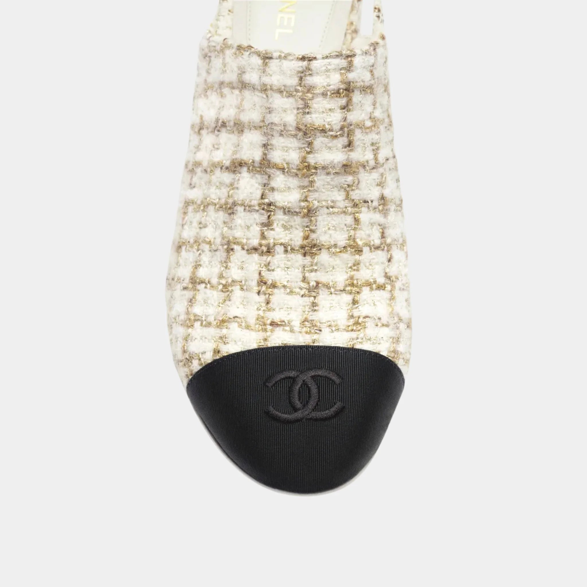 Chanel Slingbacks in Wool, Mohair Tweed & Grosgrain, Ecru, Beige, Gold, Top
