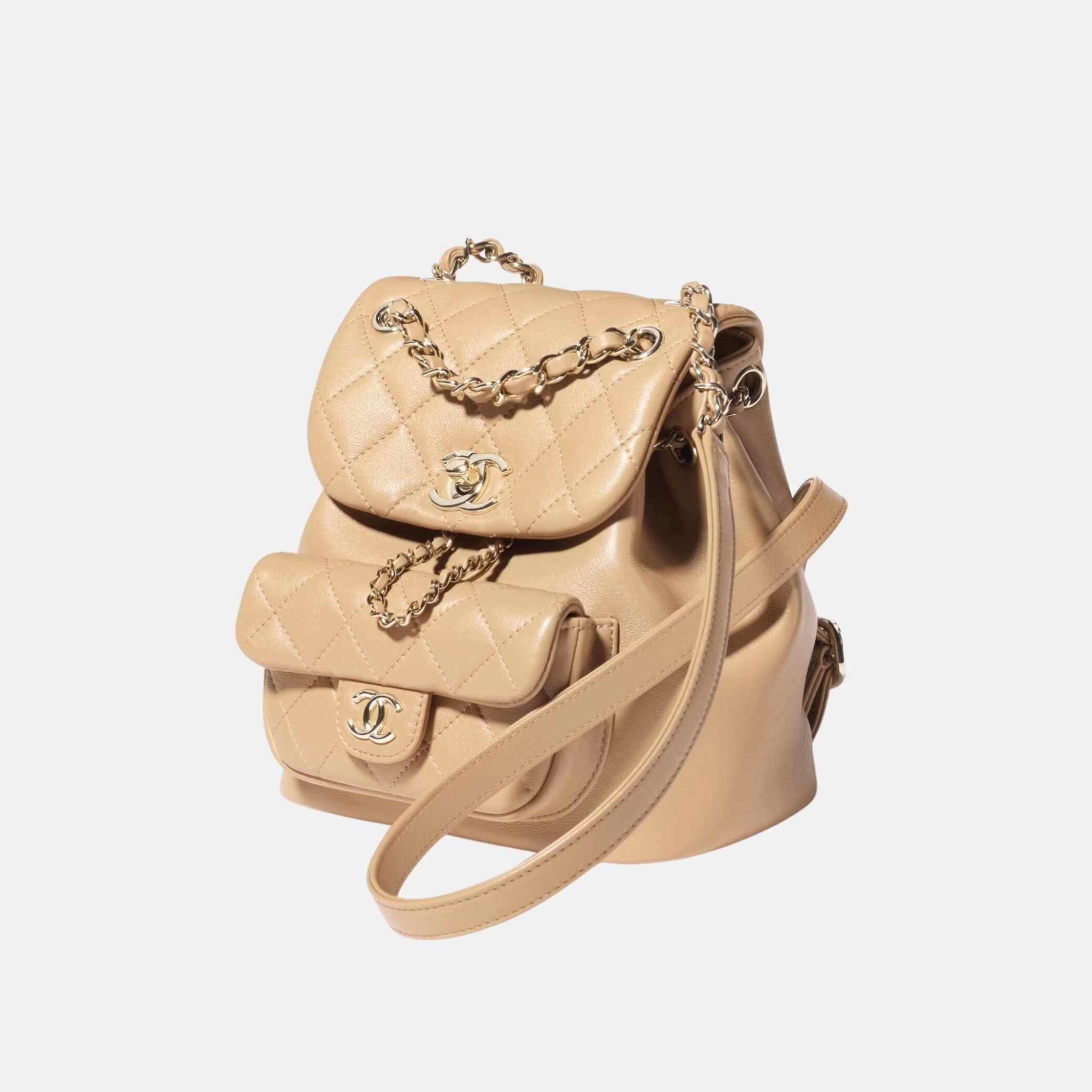 Chanel Small Backpack In Calfskin And Gold Tone Metal, Dark Beige, Side