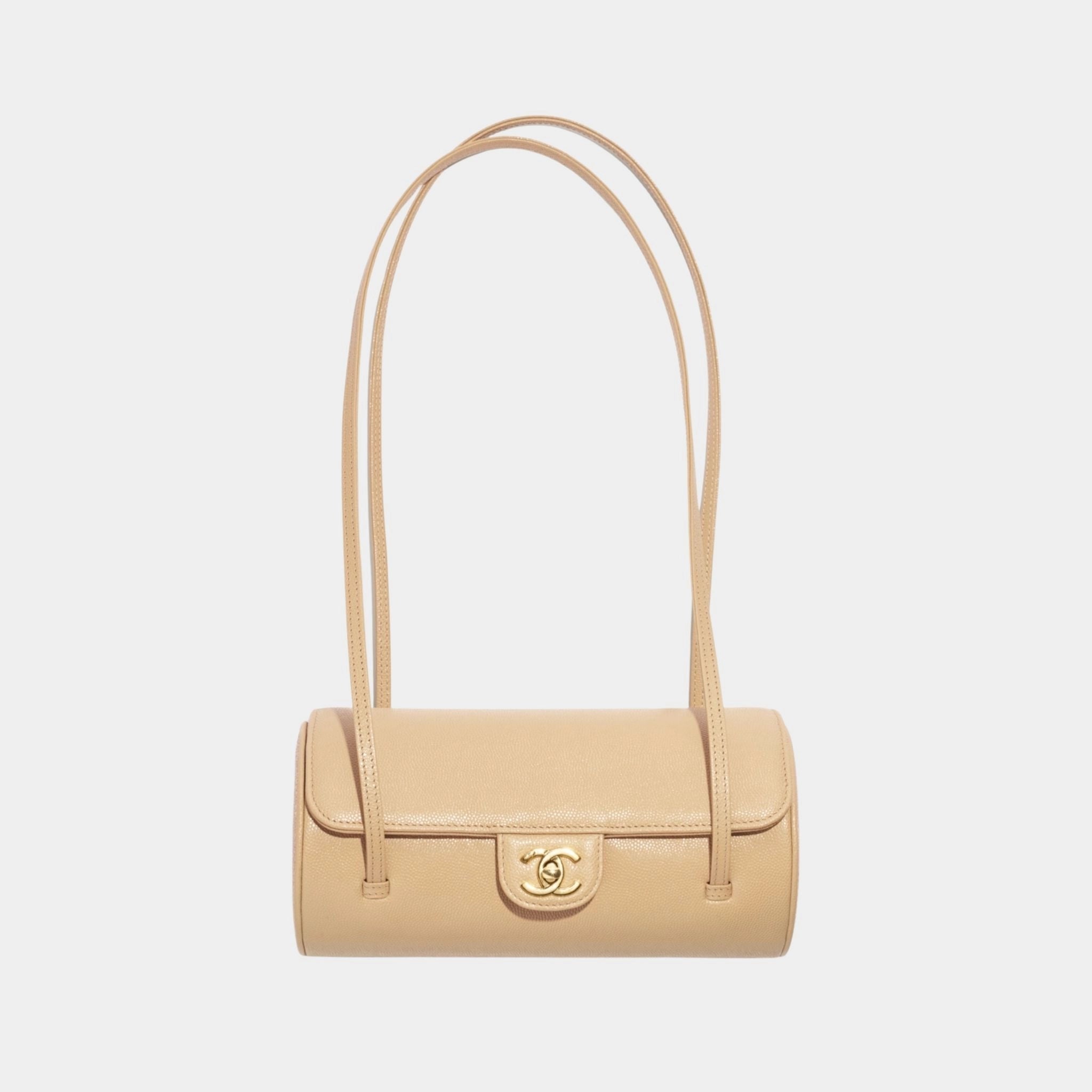 Chanel Small Bowling Bag Grained Calfskin & Gold tone Metal Dark Beige, Front