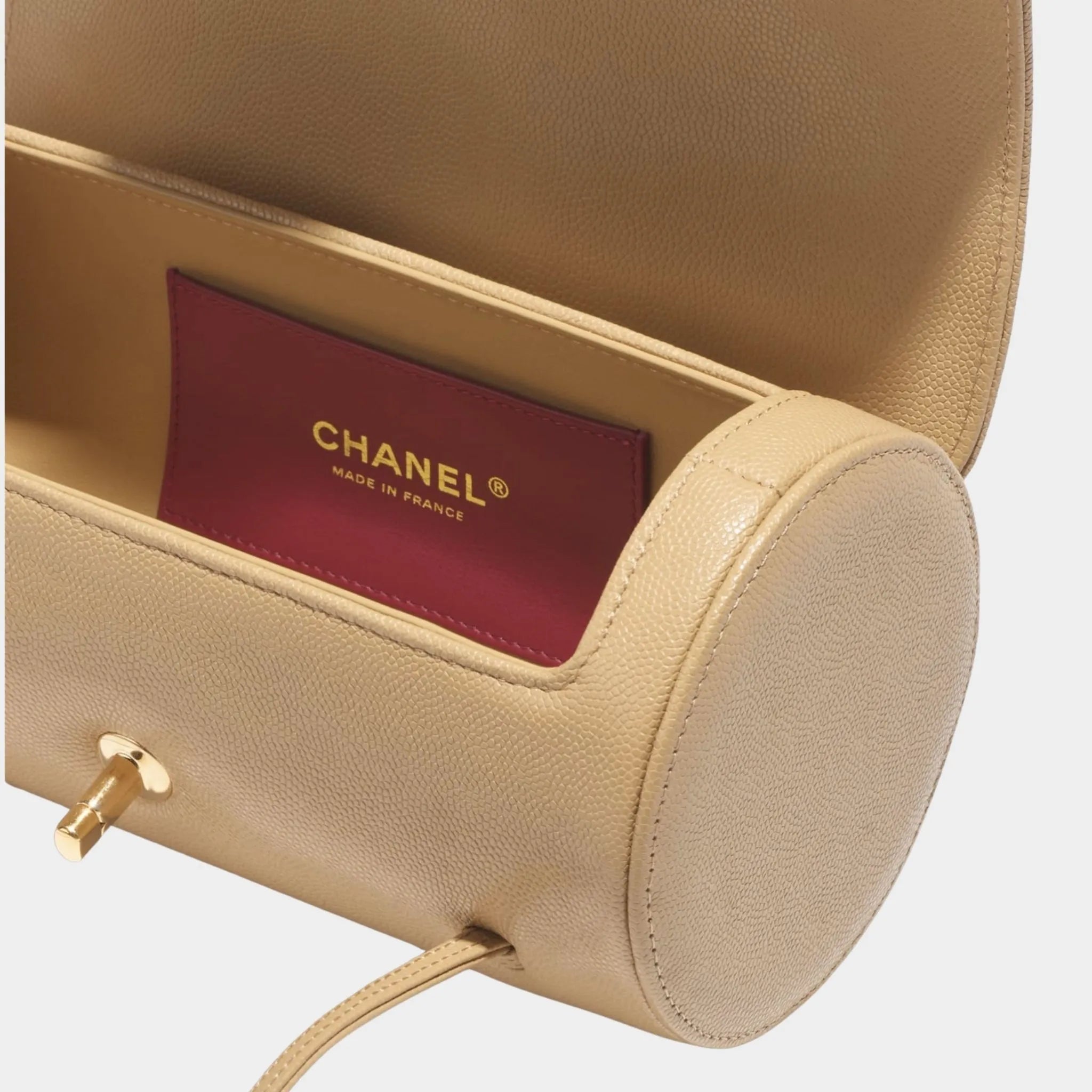 Chanel Small Bowling Bag Grained Calfskin & Gold tone Metal Dark Beige, Interior