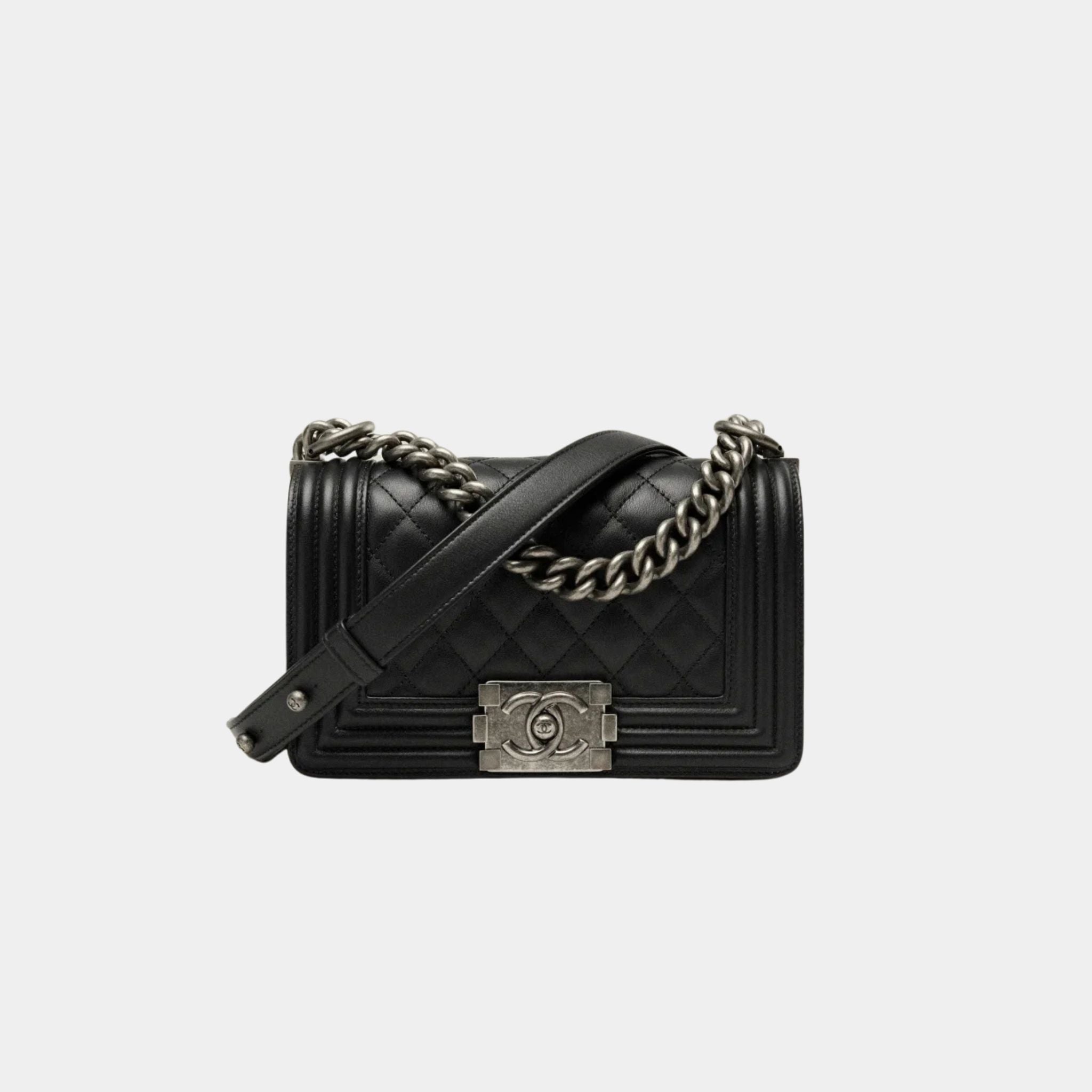 Chanel Small Boy Chanel Handbag Calfskin Ruthenium Finish Metal Black, Front