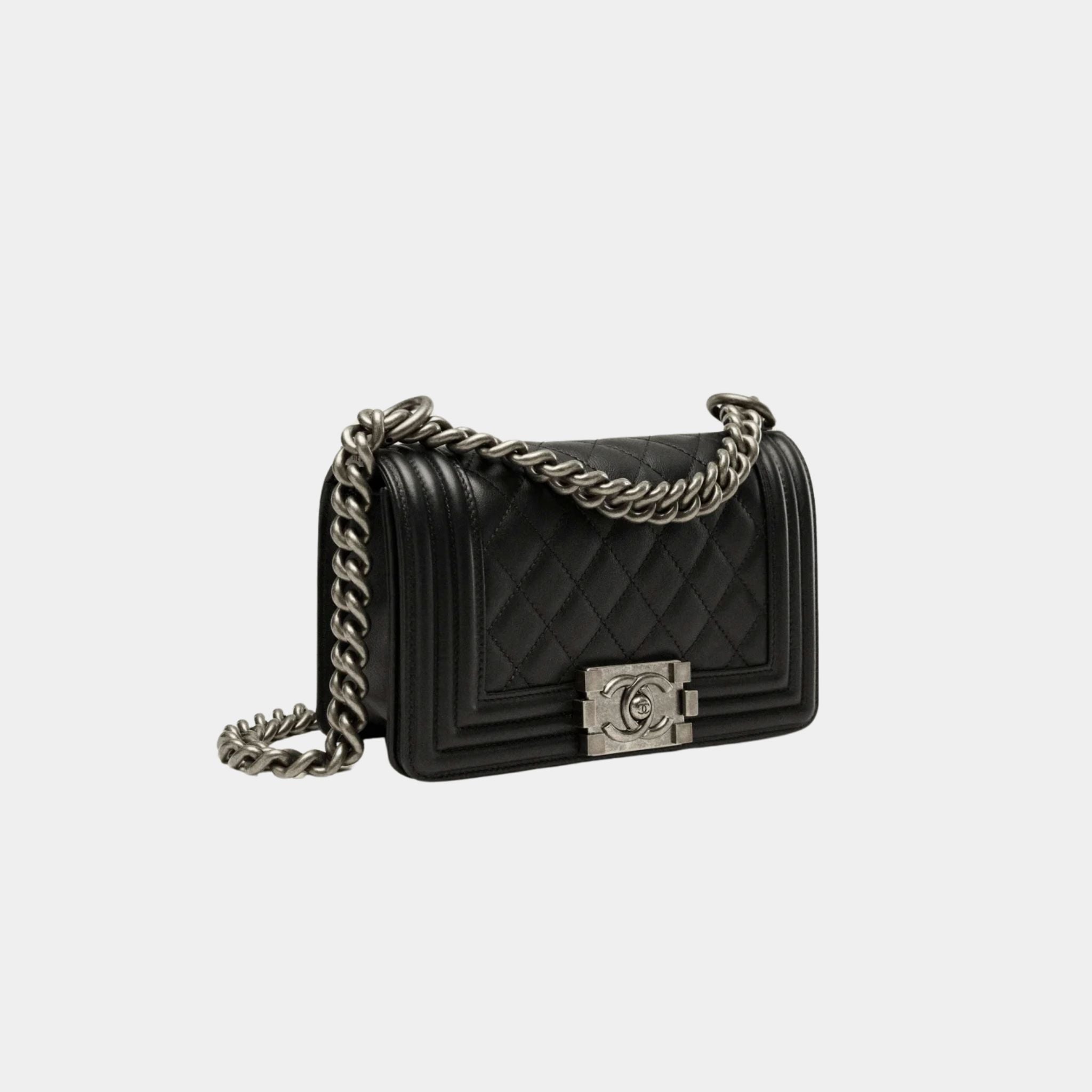 Chanel Small Boy Chanel Handbag Calfskin Ruthenium Finish Metal Black, Side