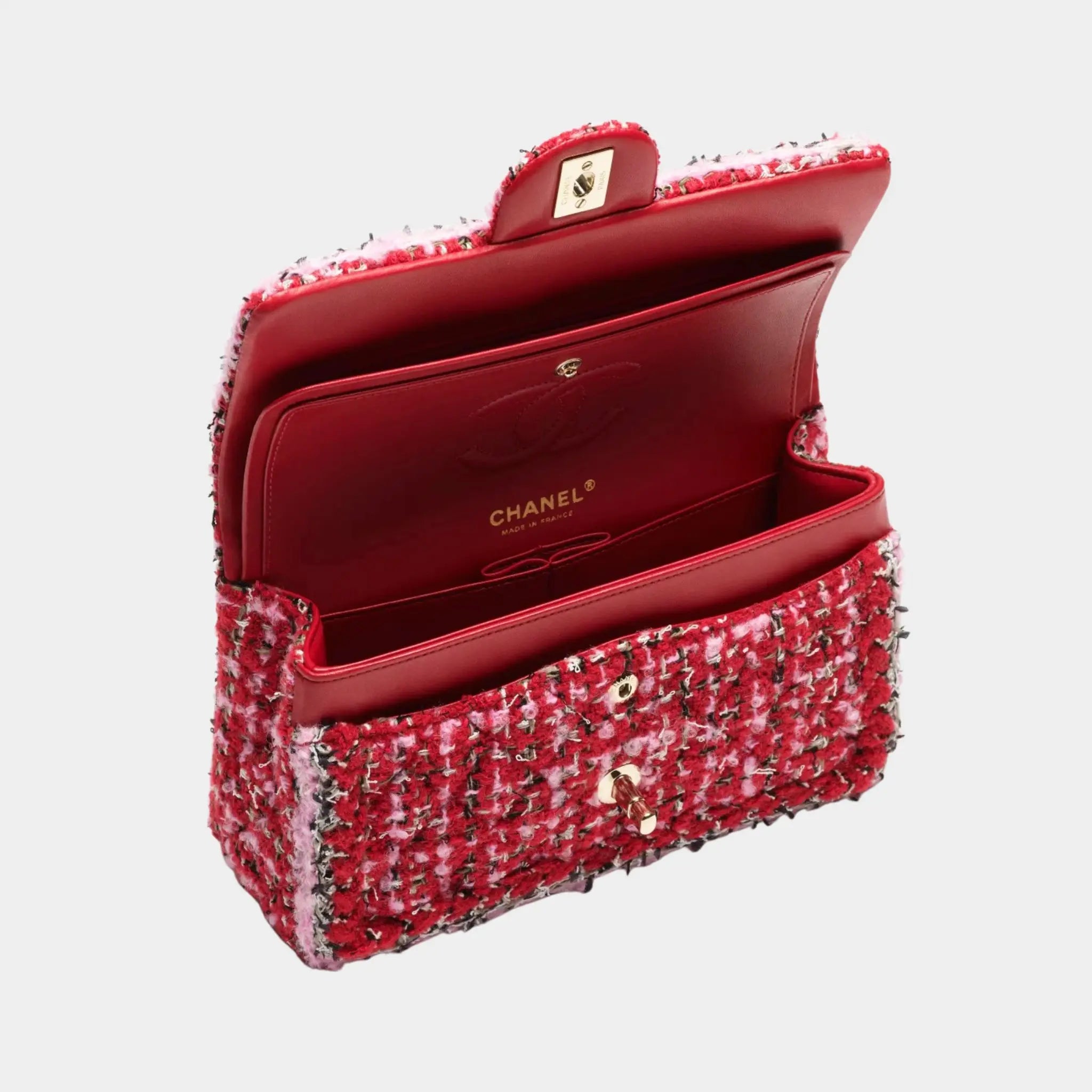 Chanel Small Classic Bag Tweed & Gold Metal Red Pink & Black, Inteior