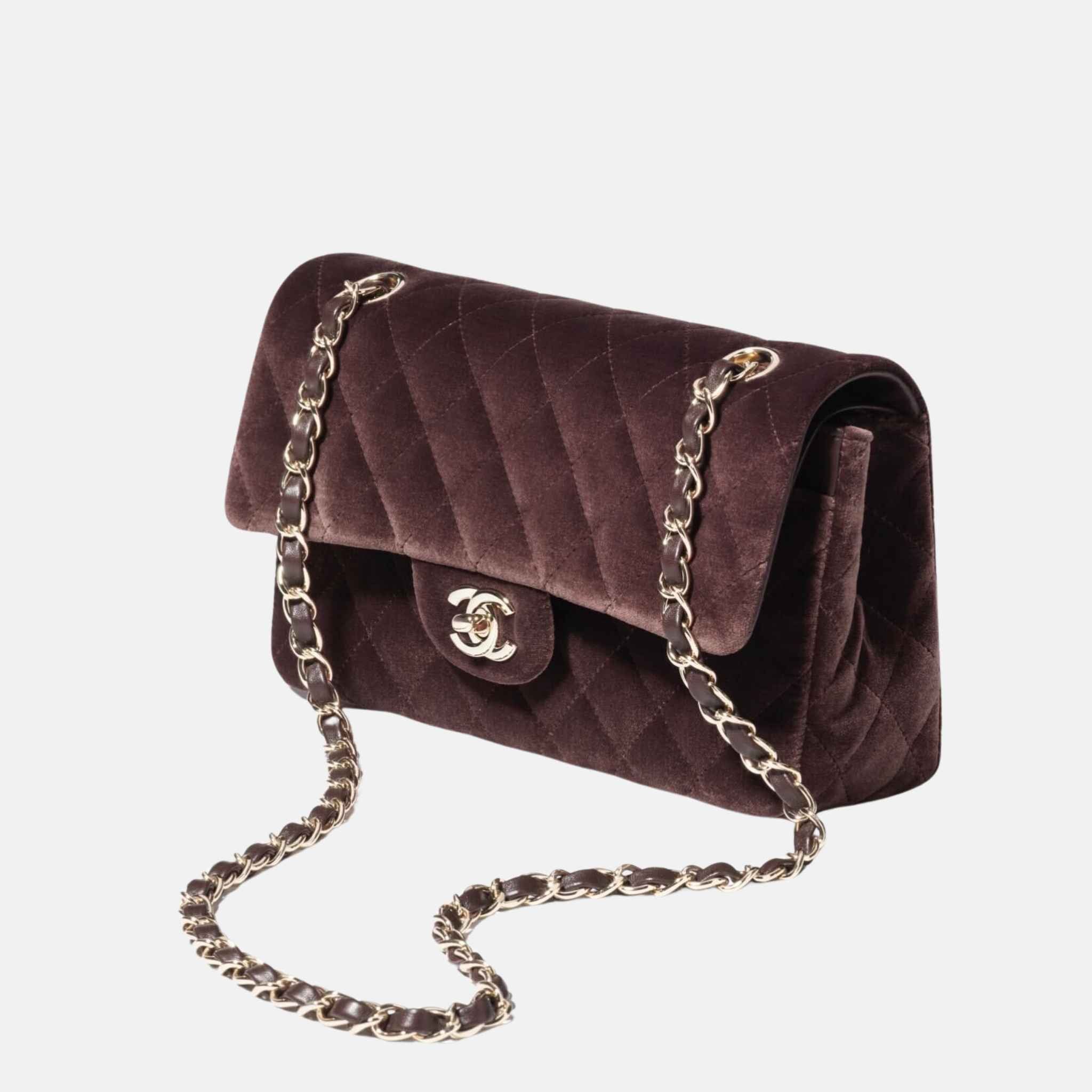 Chanel Small Classic Handbag In Velvet And Gold Metal, Dark Brown, Side