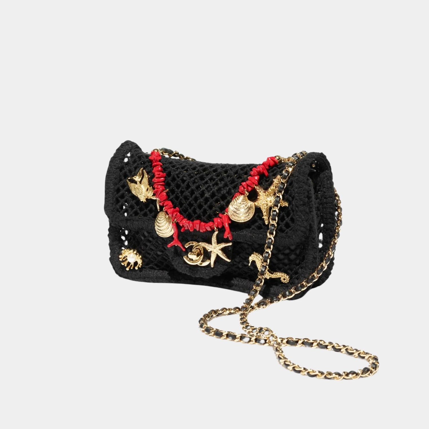 Chanel Small Flap Bag Fishnet Charms Resin & Gold-Plated Metal Black, Front