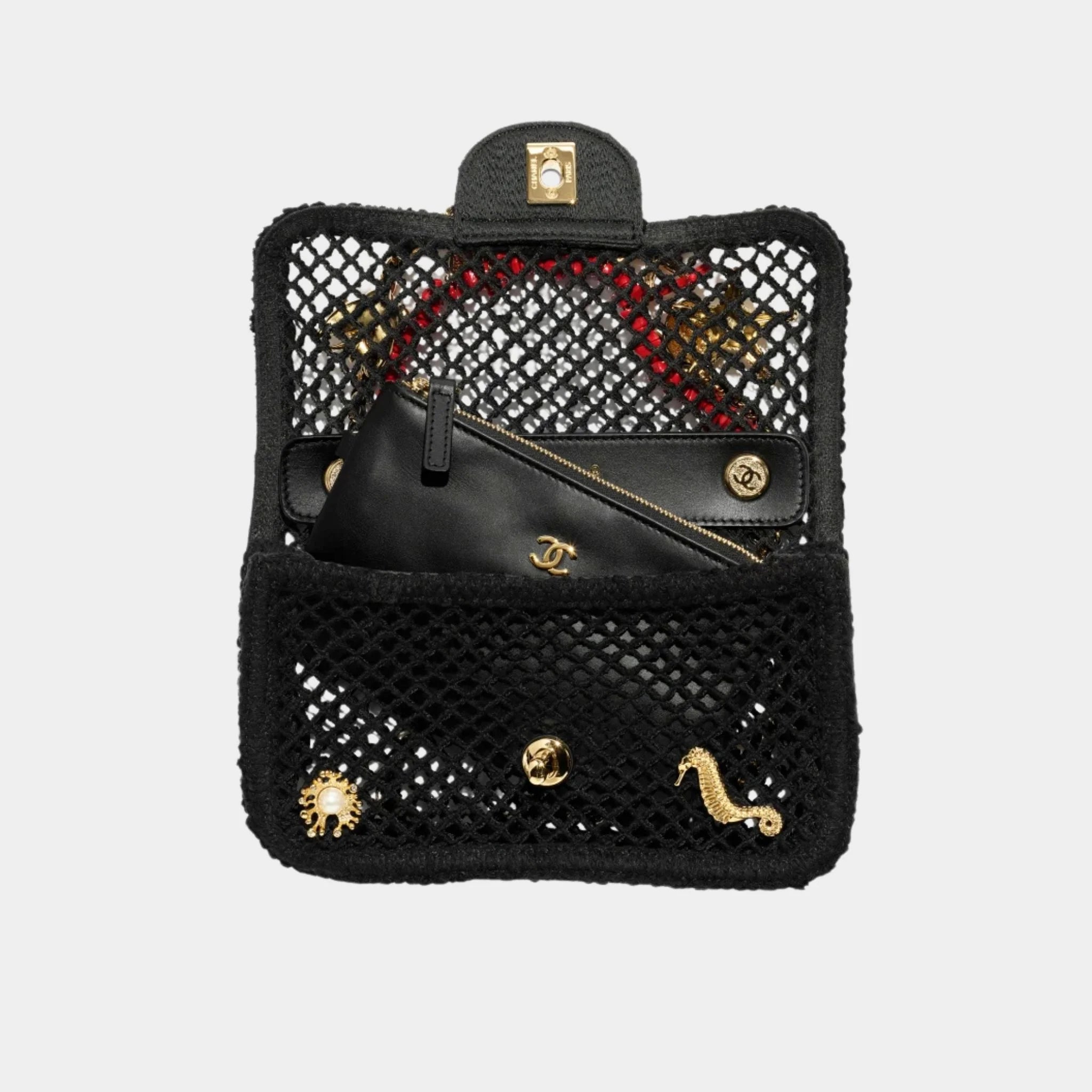 Chanel Small Flap Bag Fishnet Charms Resin & Gold-Plated Metal Black, Front