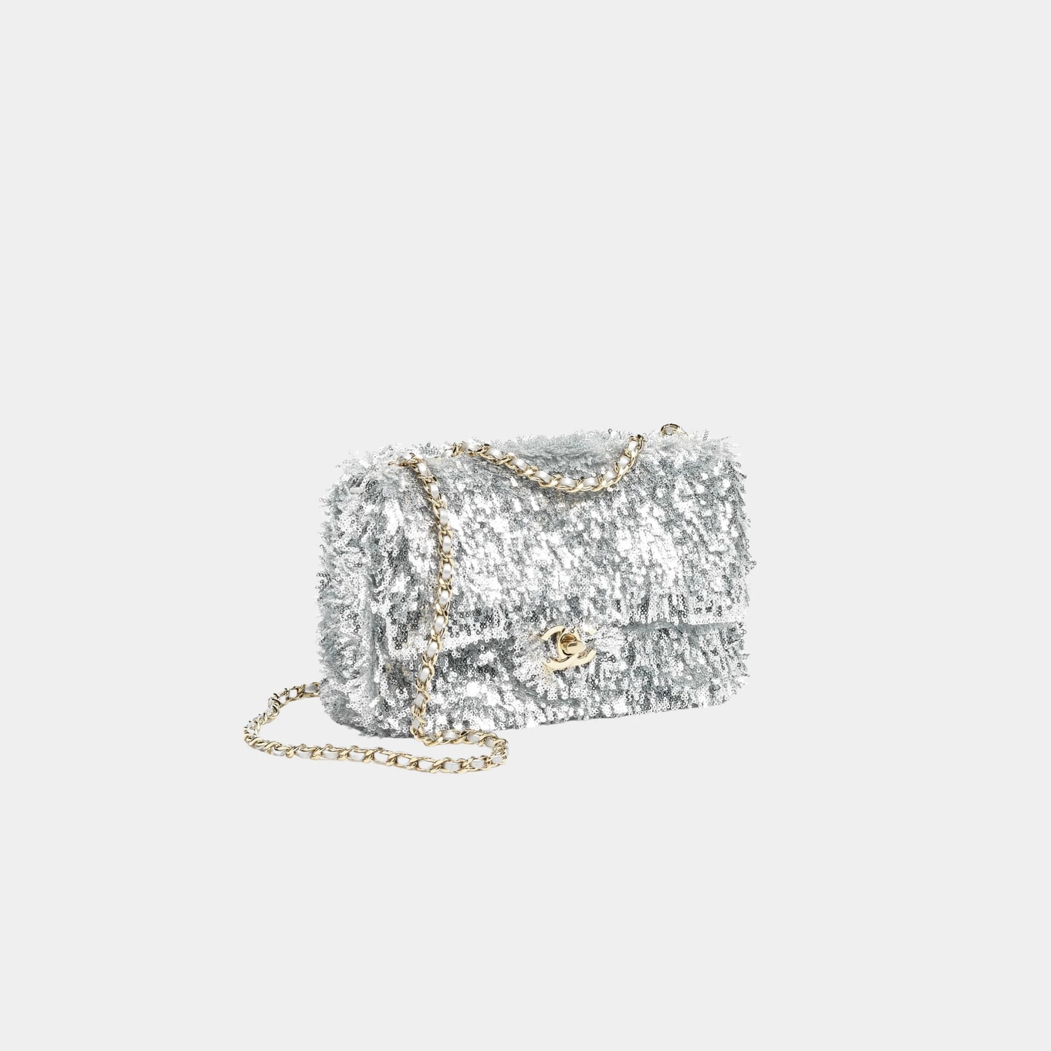 Small Flap Bag Fringed Sequins & Gold-Tone Metal Silver