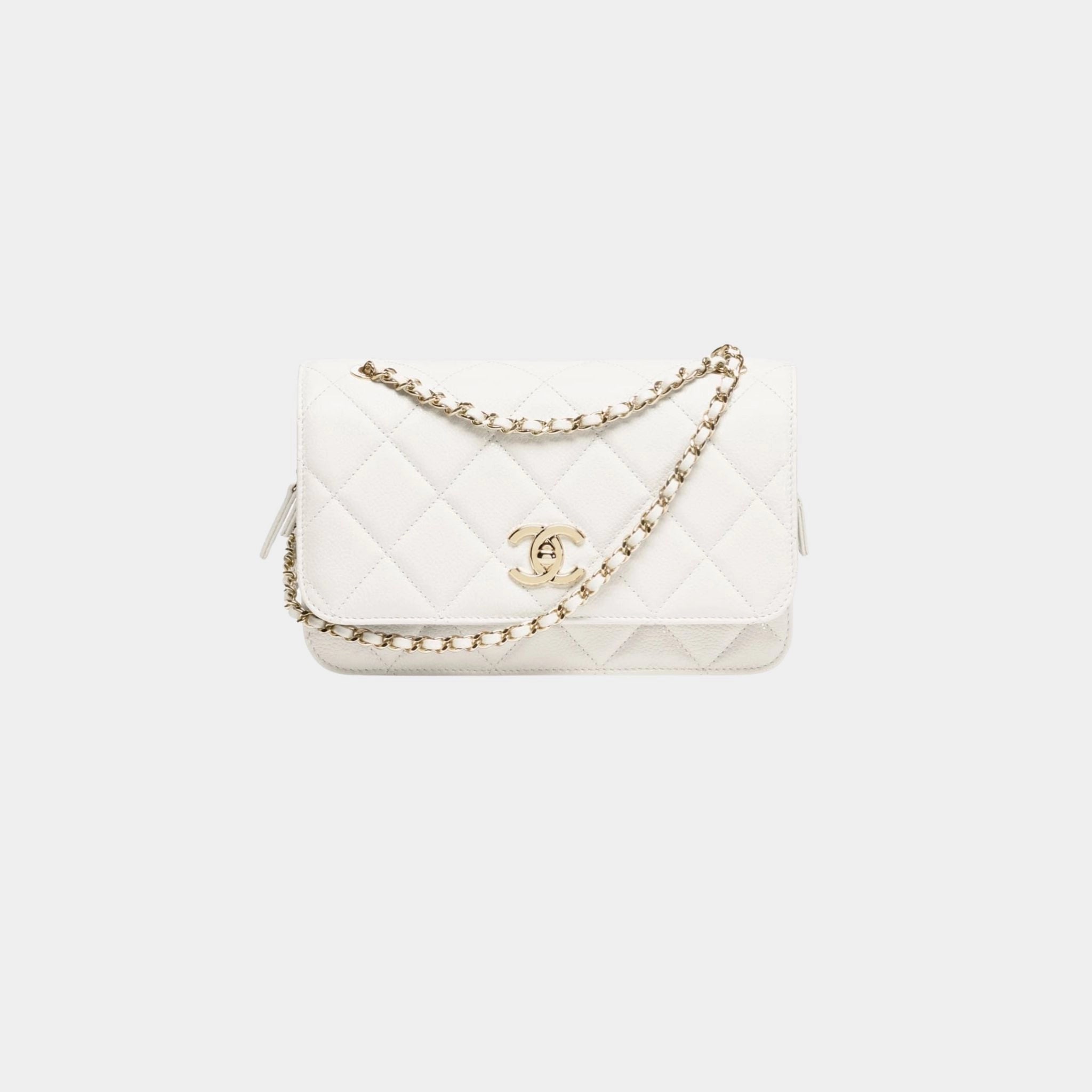 Small Flap Bag Grained Shiny Calfskin & Gold Tone Metal White, Front