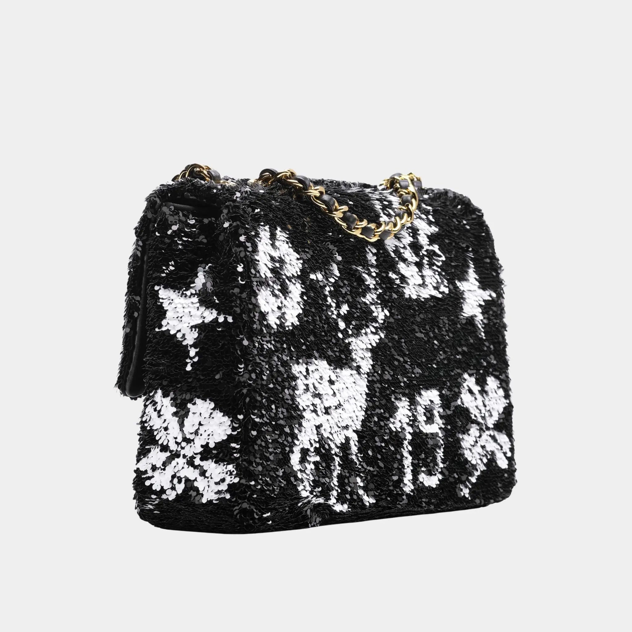 Chanel Small Flap Bag Sequins & Gold-Tone Metal Black & White