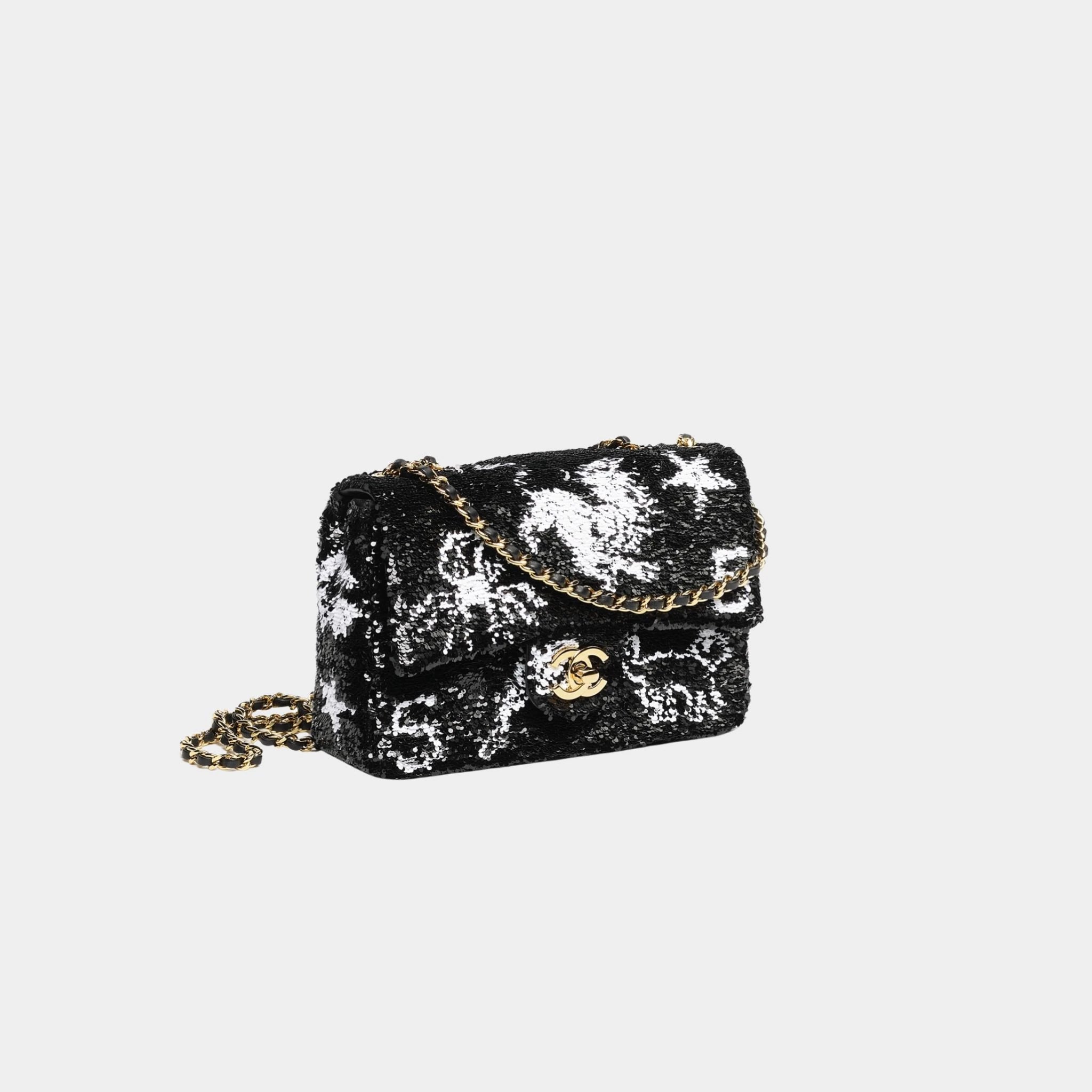 Chanel Small Flap Bag Sequins & Gold-Tone Metal Black & White