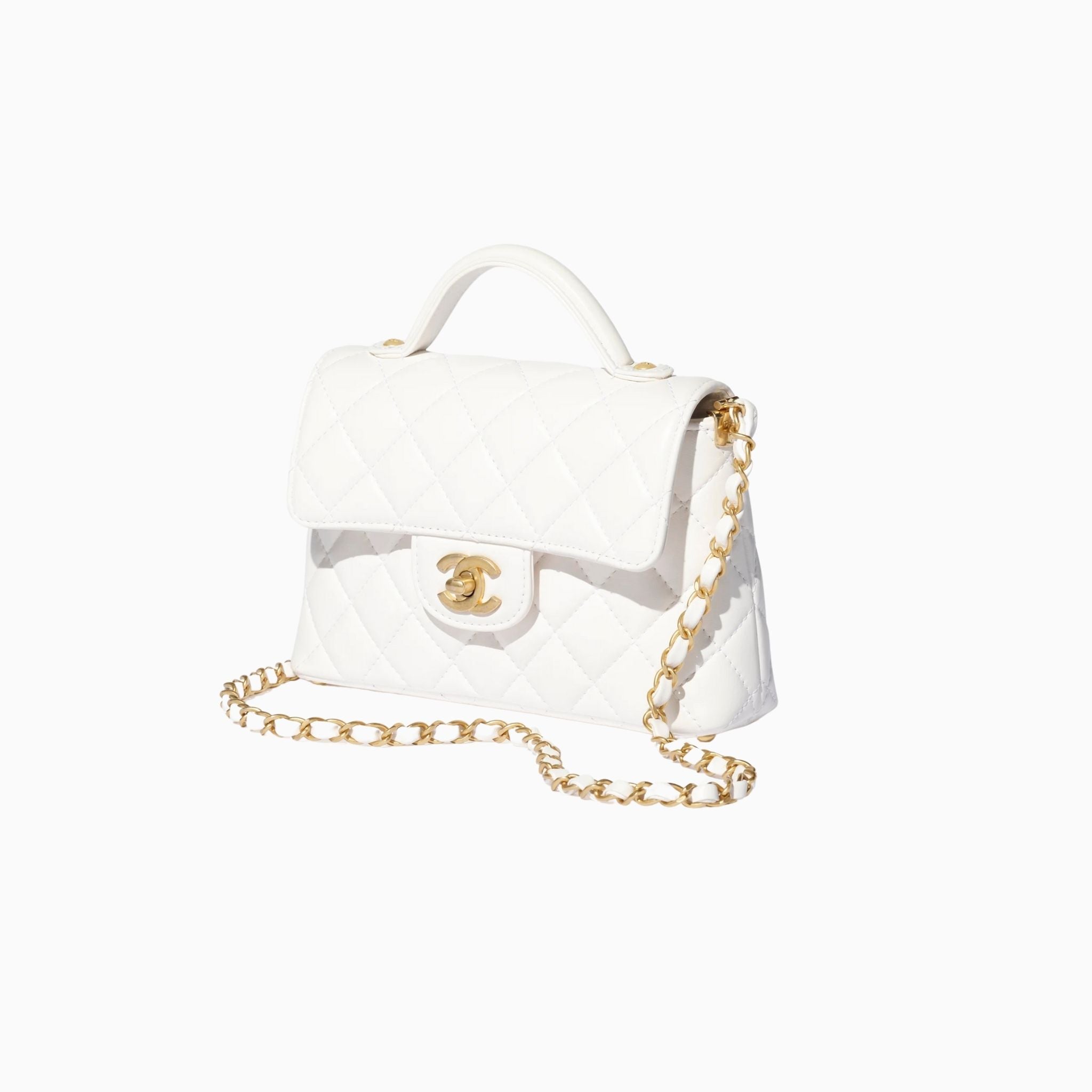 Chanel Small Flap Bag With Top Handle Lambskin, White, Side