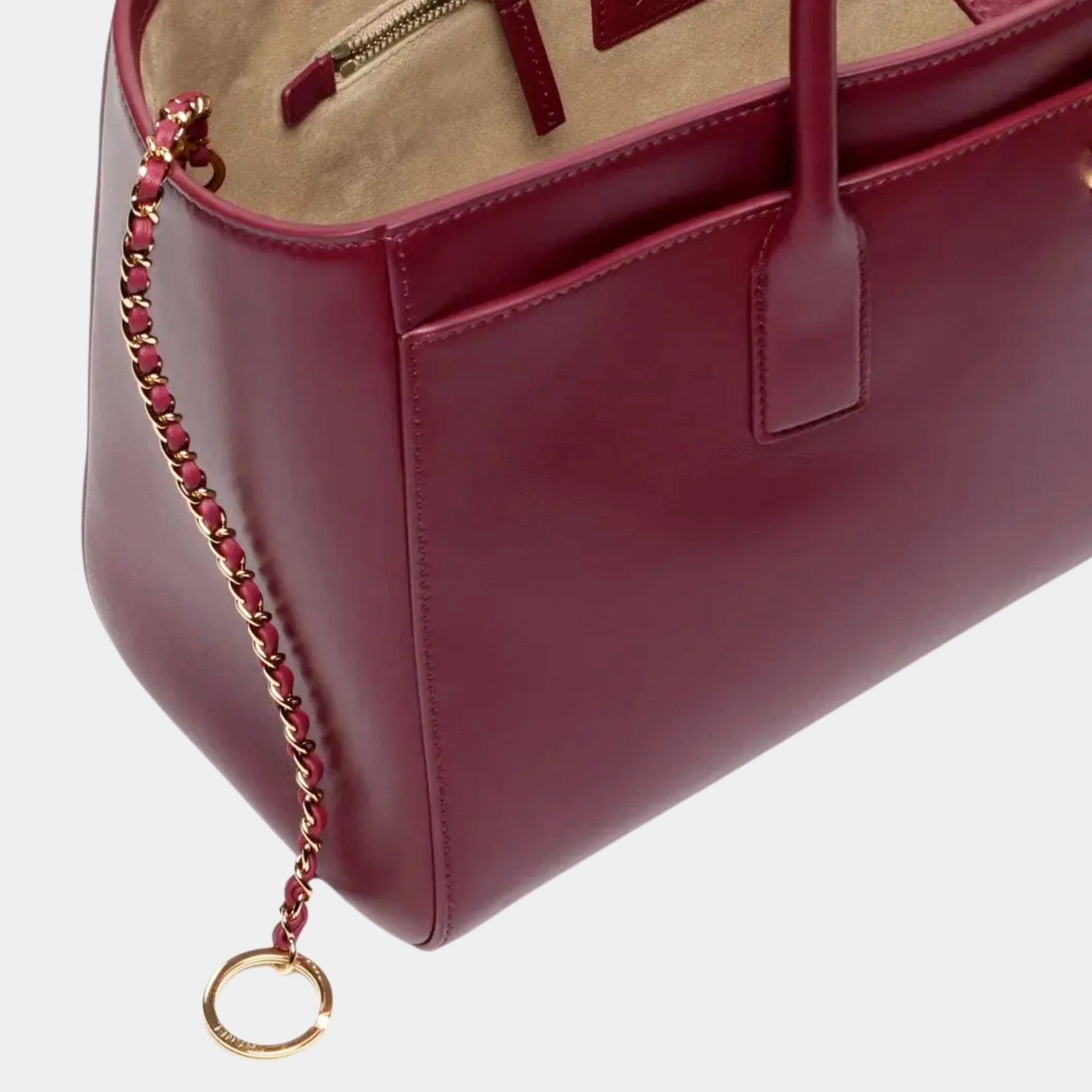 Chanel Small Shopping Bag Calfskin & Gold-Tone Metal, Dark Burgundy, closeup