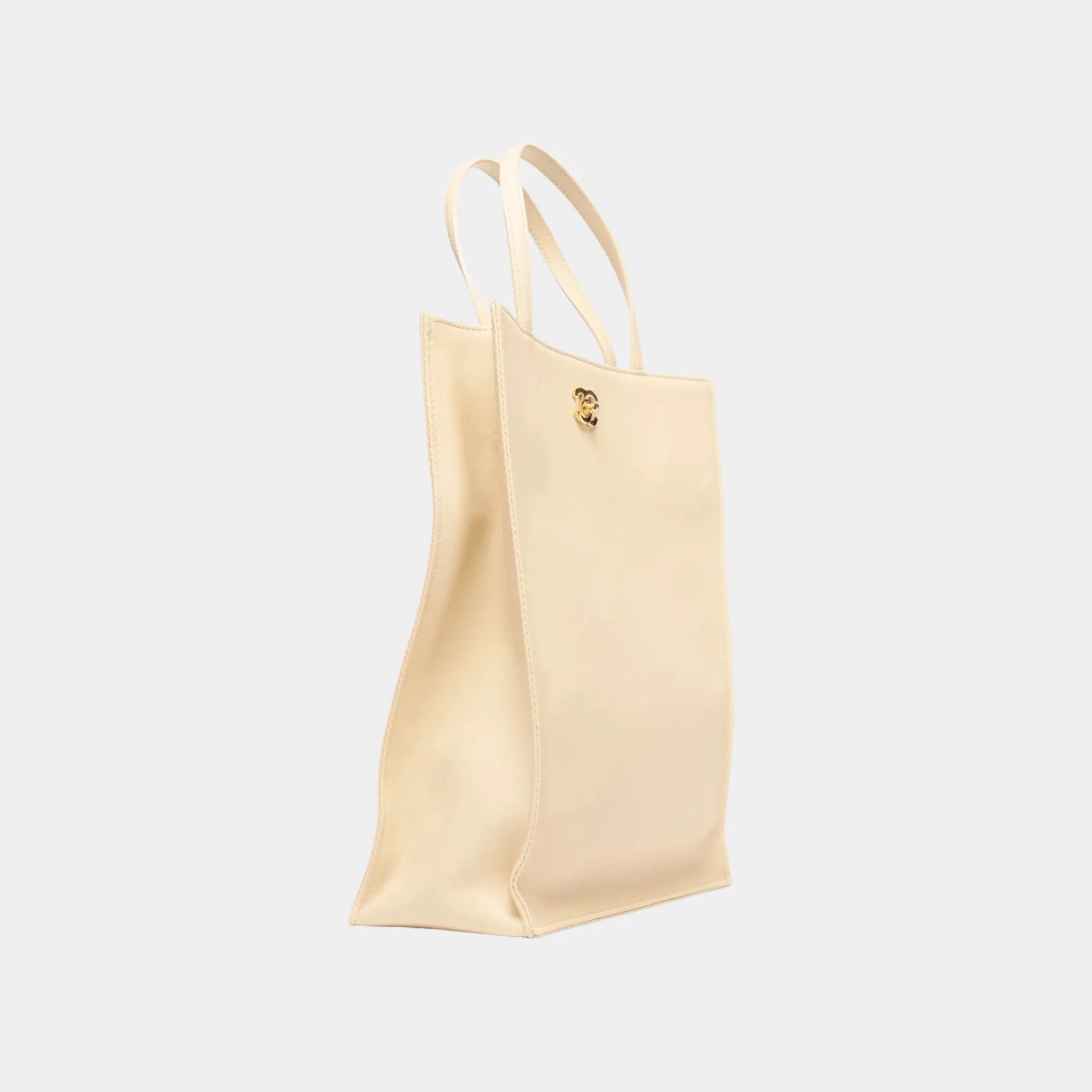 Chanel Small Tote Bag in Calfskin & Gold-Tone Metal, Beige, Back