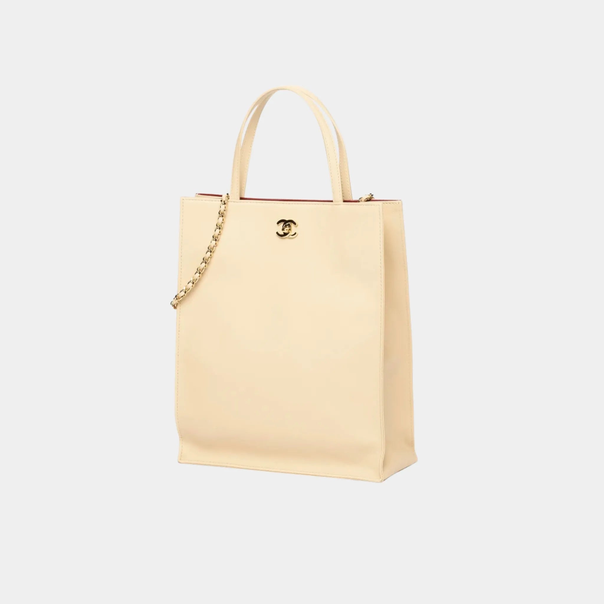 Chanel Small Tote Bag in Calfskin & Gold-Tone Metal, Beige, Side