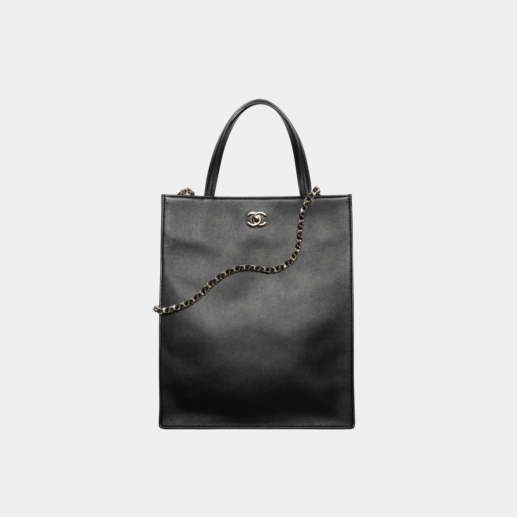 Chanel Small Tote Bag in Calfskin & Gold-Tone Metal, Black, Front