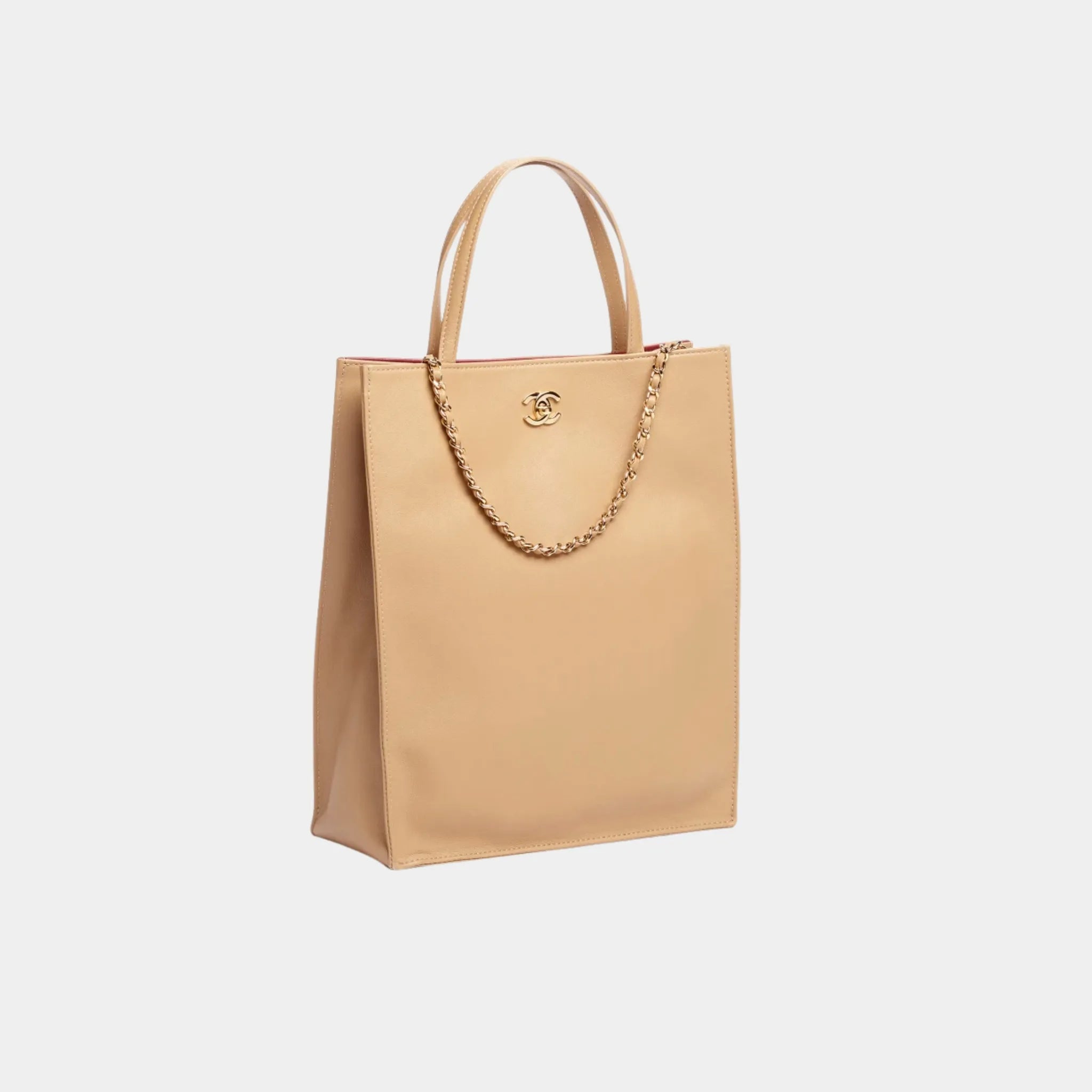 Chanel Small Tote Bag in Calfskin & Gold-Tone Metal, Dark Beige, Side