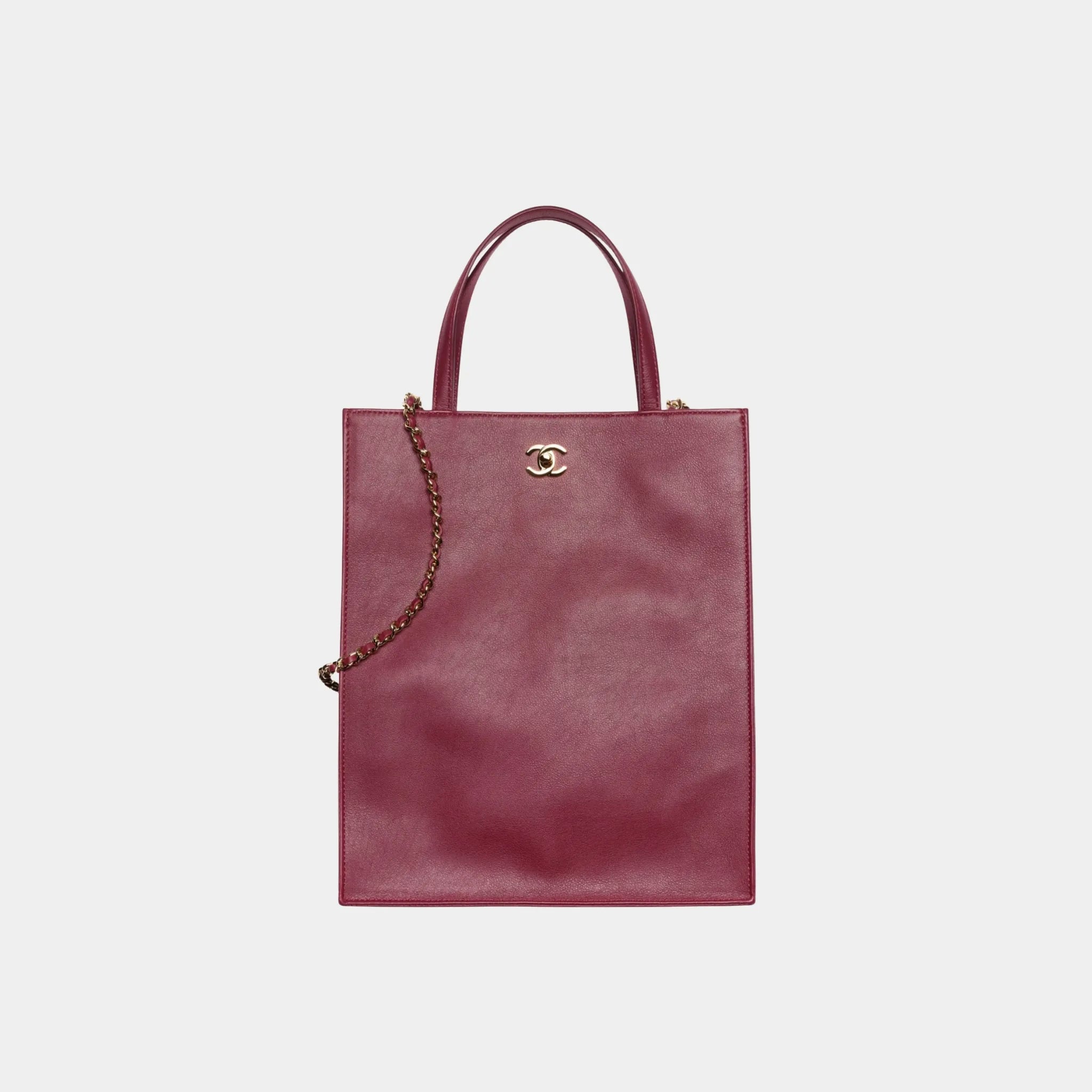 Chanel Small Tote Bag in Calfskin & Gold-Tone Metal, Dark Burgundy, Front
