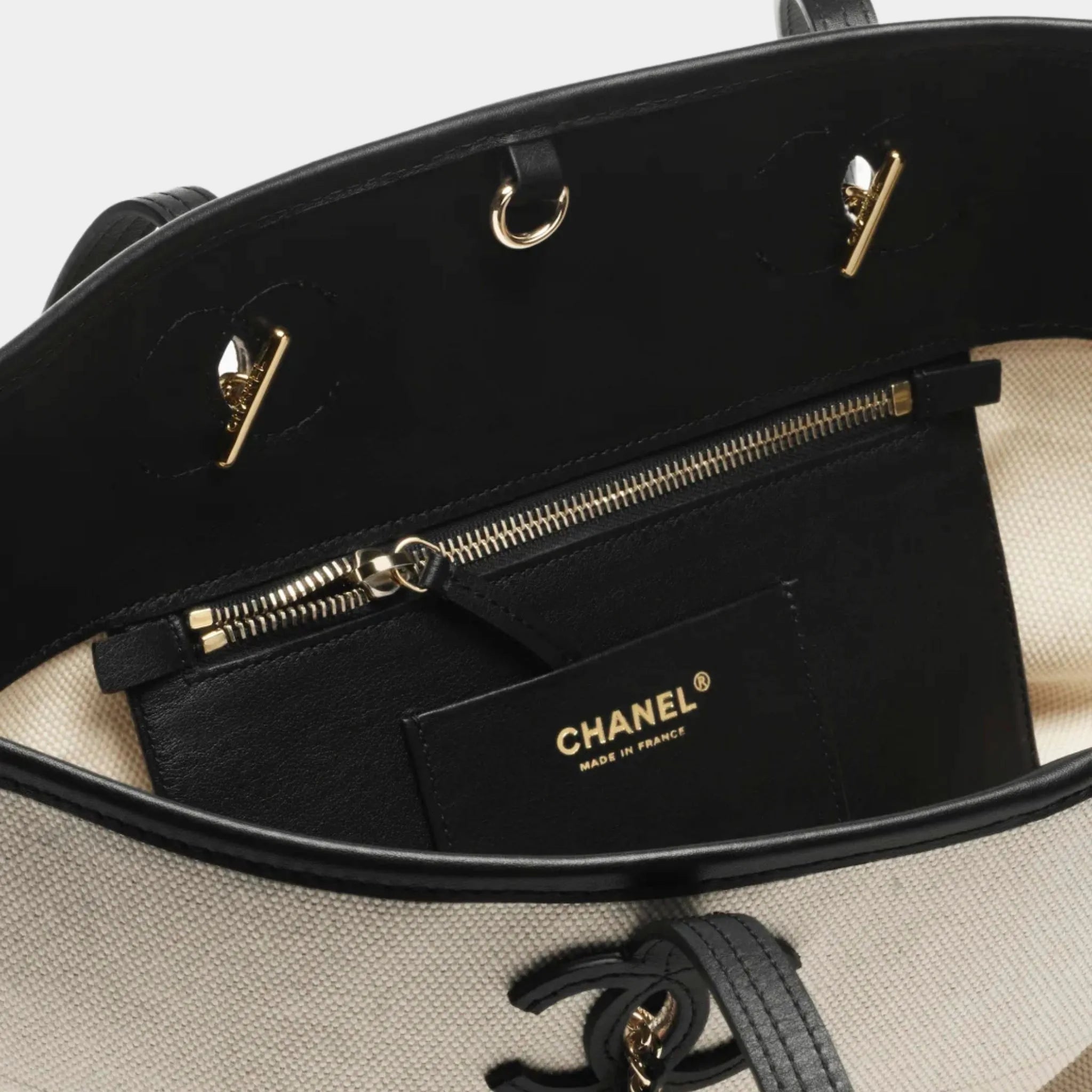 Chanel Small Tote Bag Canvas Calfskin & Gold-Tone Metal Ecru & Black