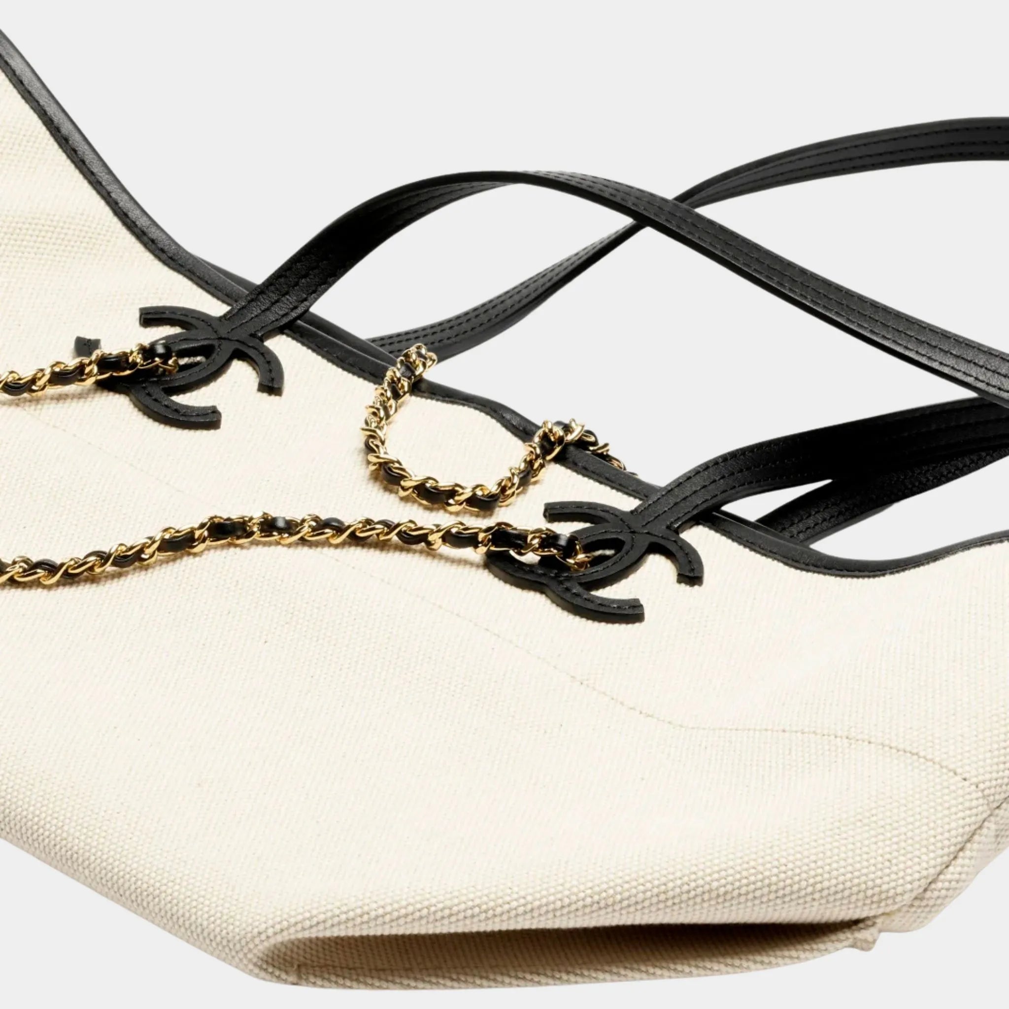 Chanel Small Tote Bag Canvas Calfskin & Gold-Tone Metal Ecru & Black