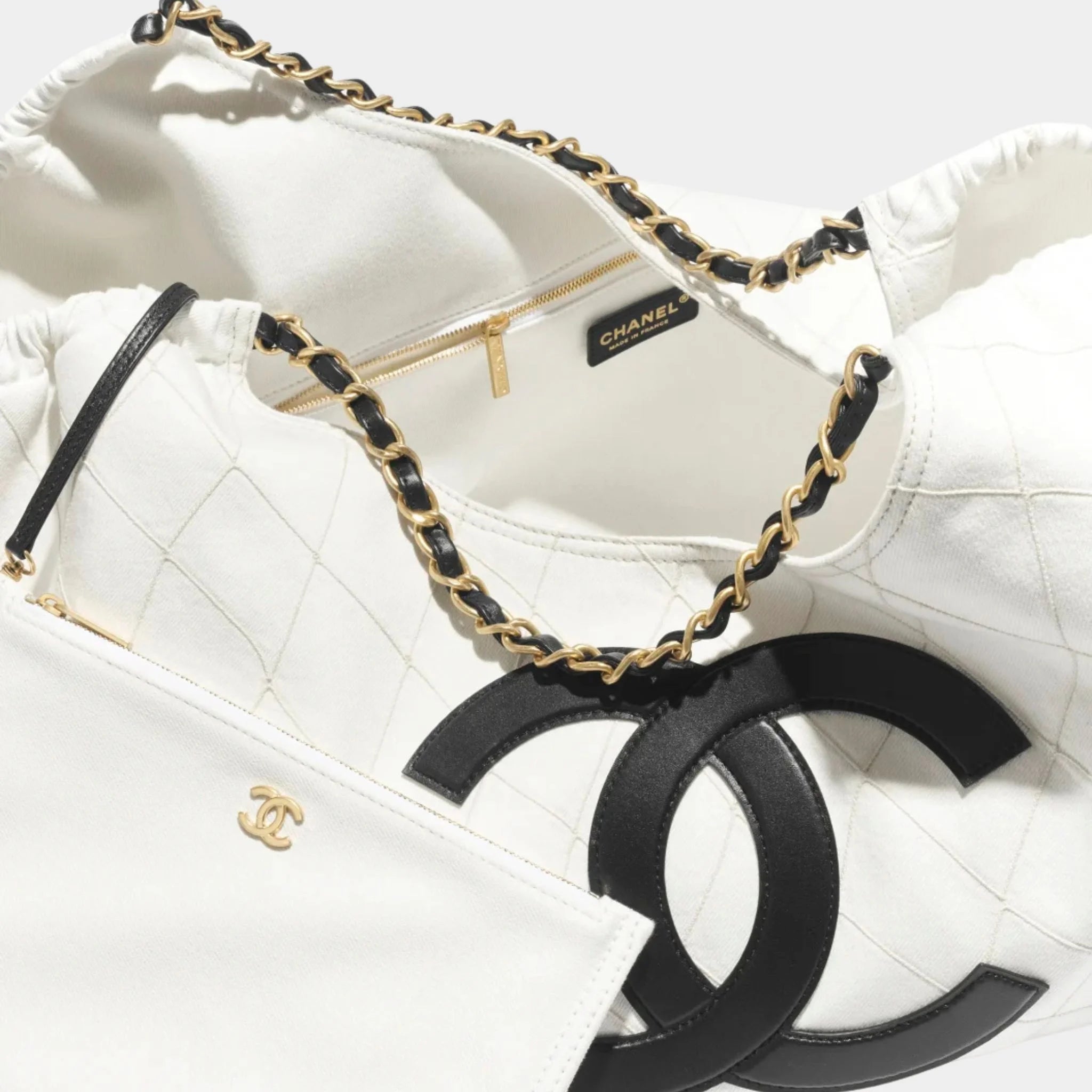 Chanel Small Tote Bag Denim Calfskin & Gold Metal Black & White
