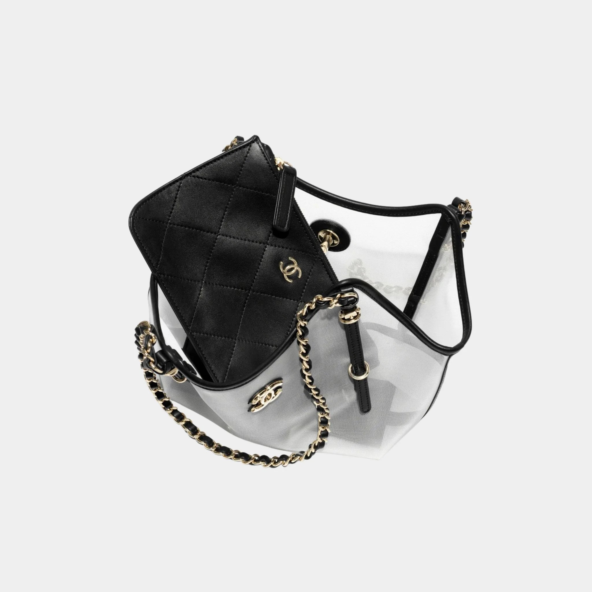 Small Tote Bag Fishnet Calfskin & Gold-Tone Metal Transparent & Black