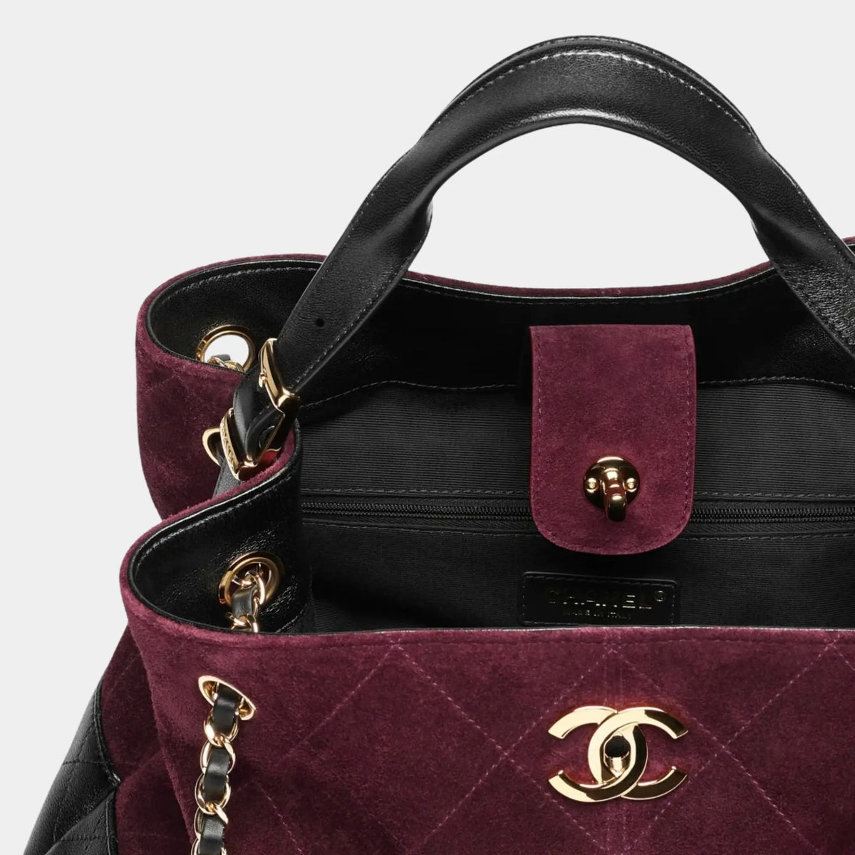 Chanel Small Tote Bag Suede Calfskin Shiny Lambskin & Gold-Tone Metal Burgundy & black