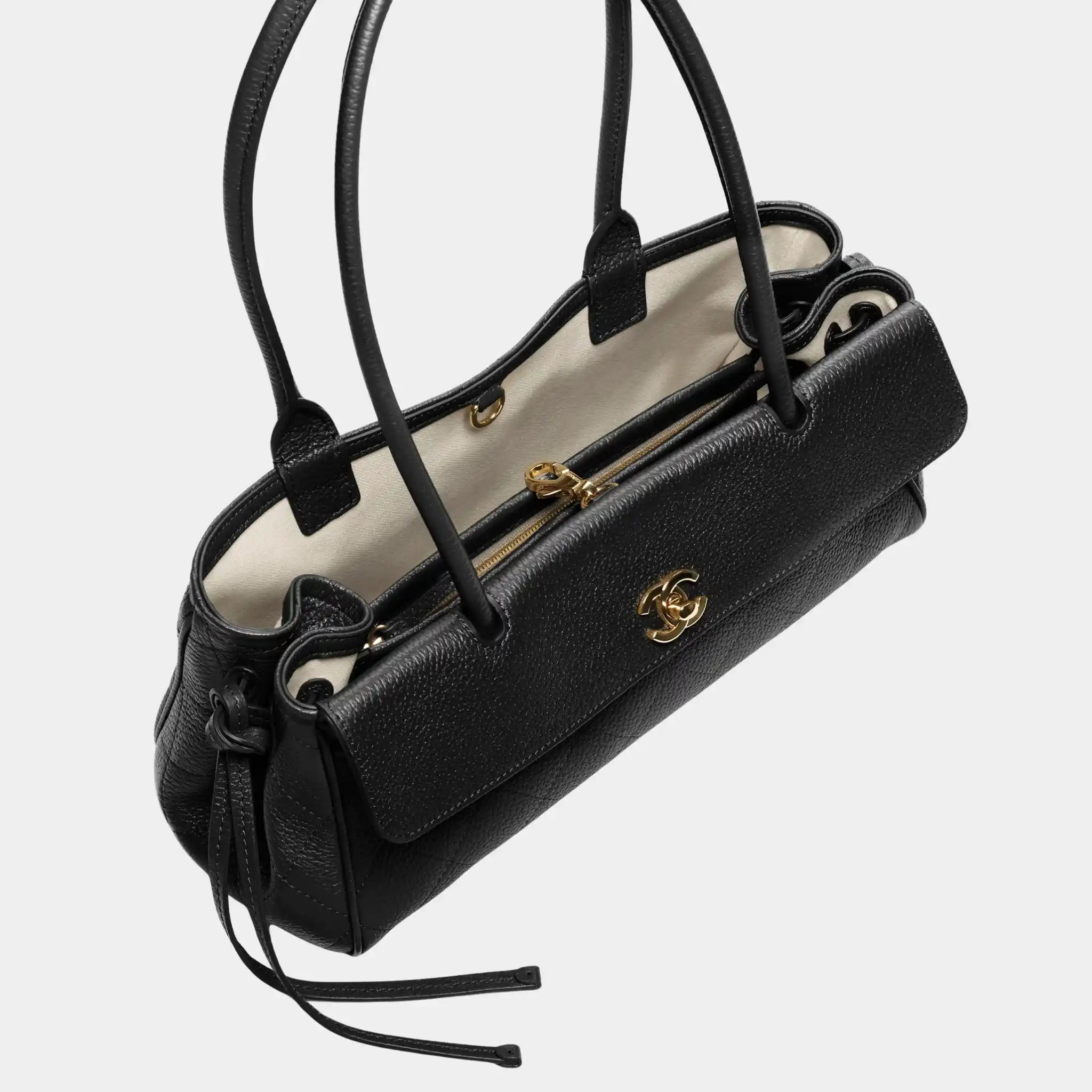 Chanel Small Tote in Grained Calfskin & Gold-Tone Metal, Black, Top