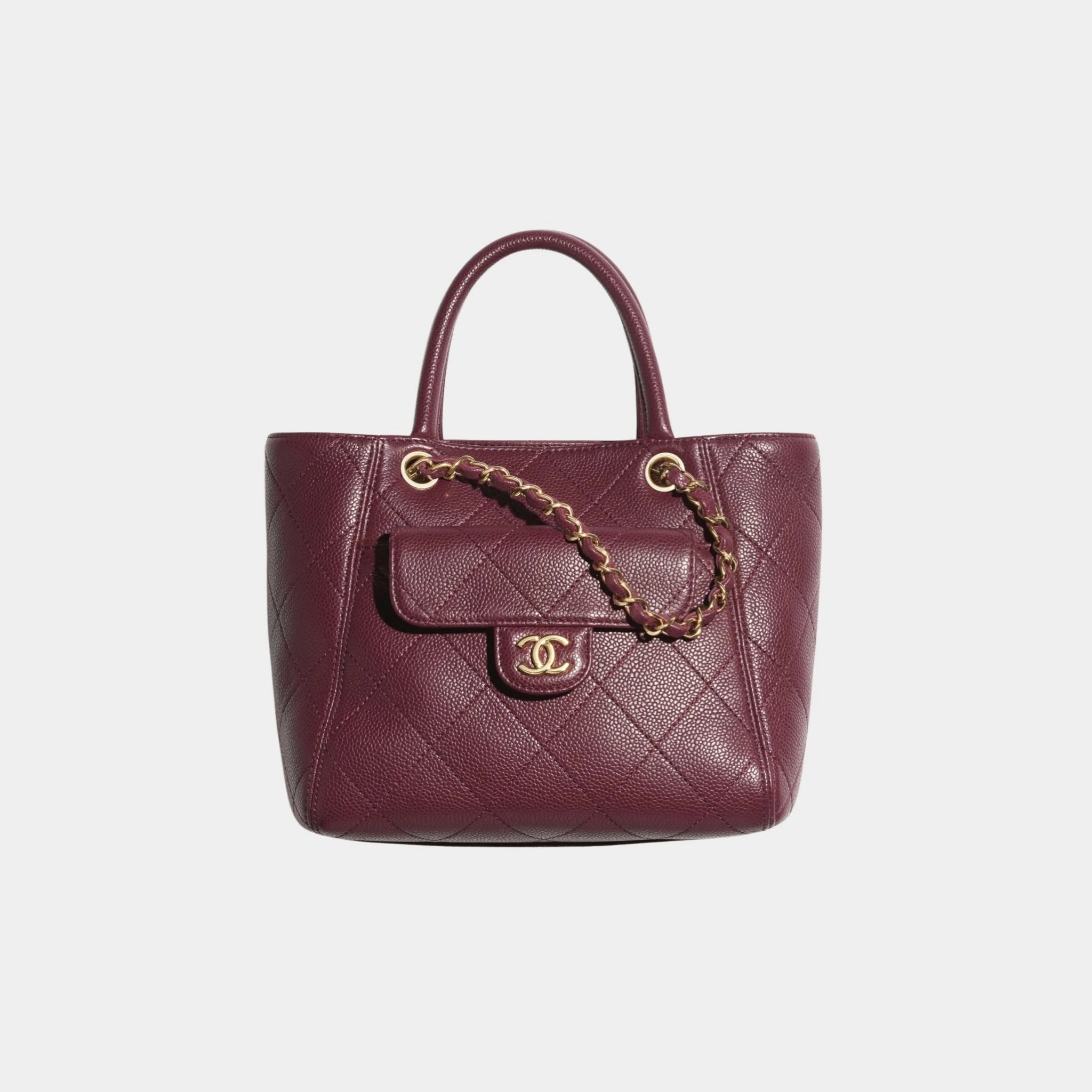 Small Tote Grained Calfskin & Gold Tone Metal Dark Burgundy