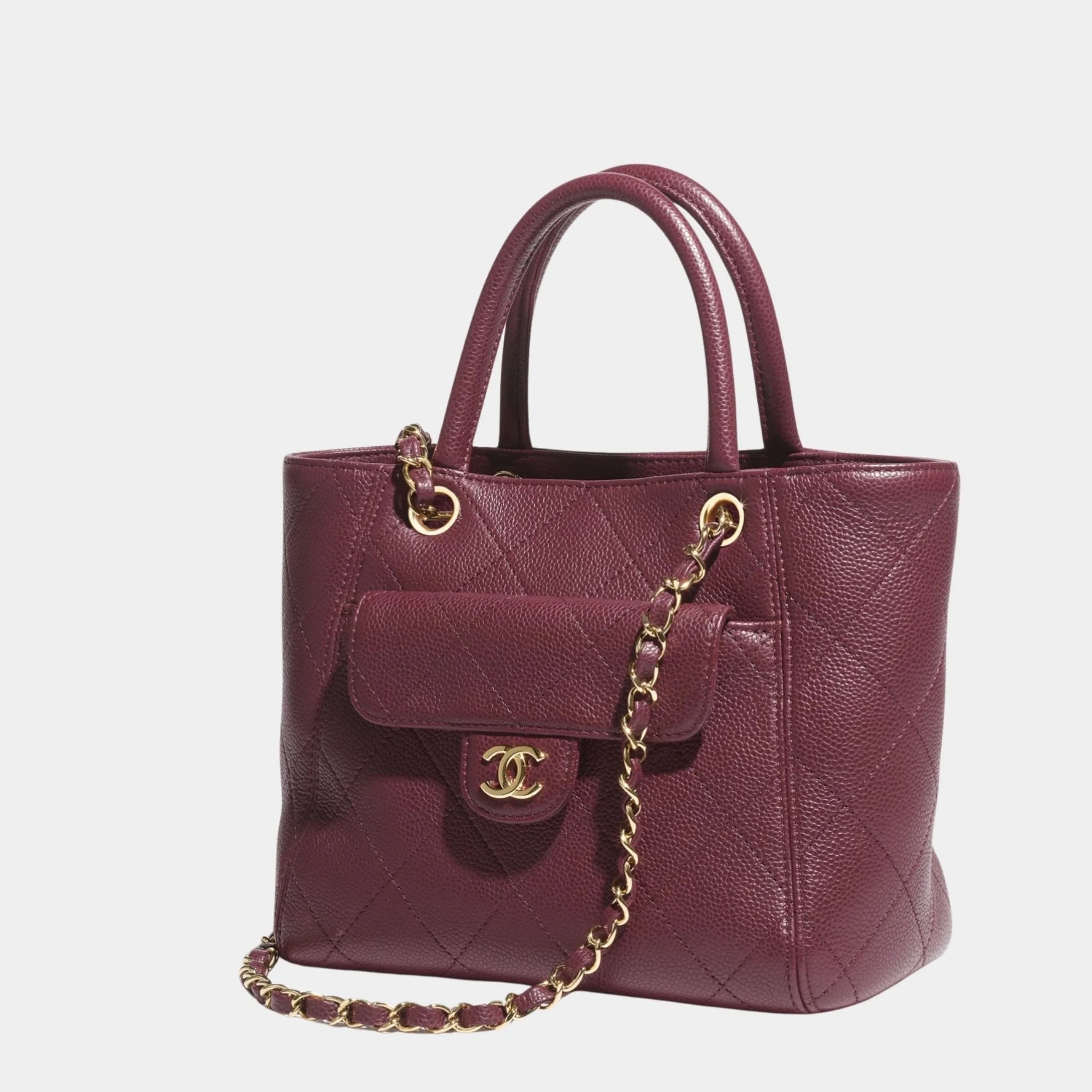 Small Tote Grained Calfskin & Gold Tone Metal Dark Burgundy, Side