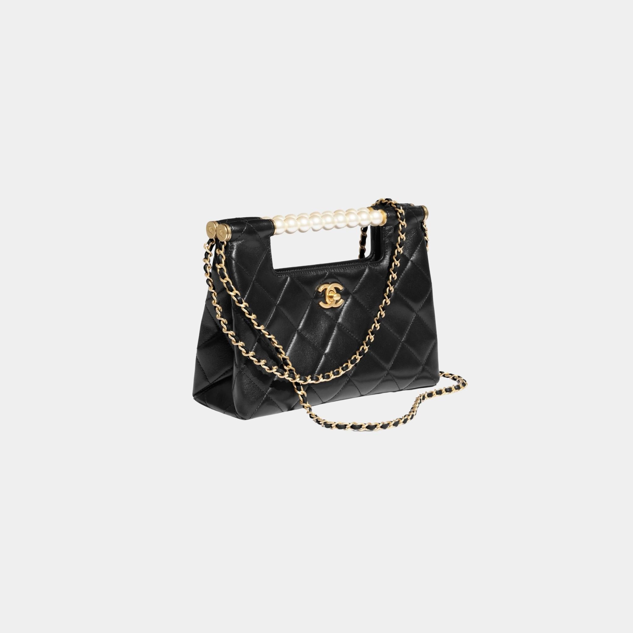 Chanel Small Tote Shiny Lambskin Pearls Gold-Tone Metal Black, Side