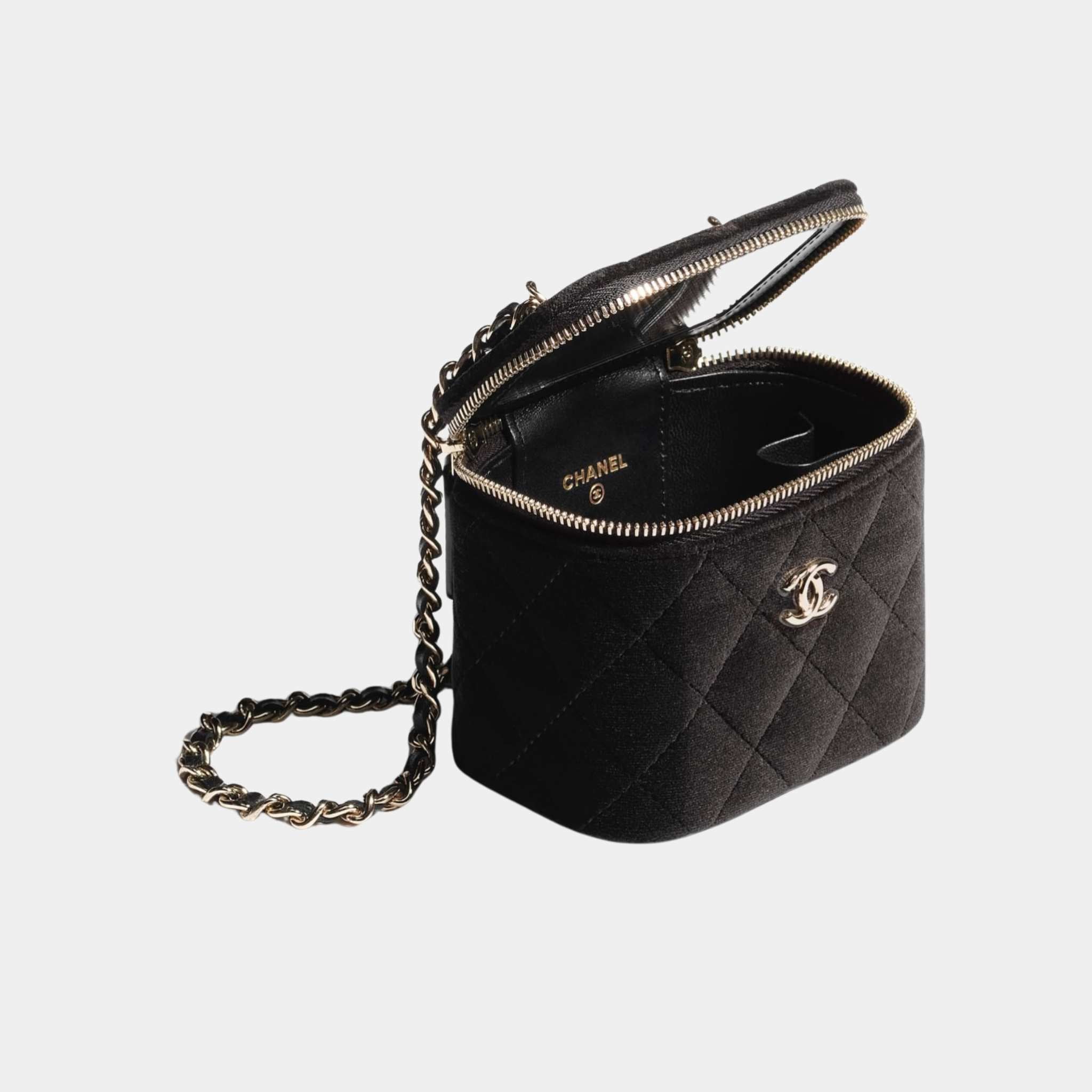 Chanel Small Vanity with Chain in Velvet with Diamante, Black, Top View