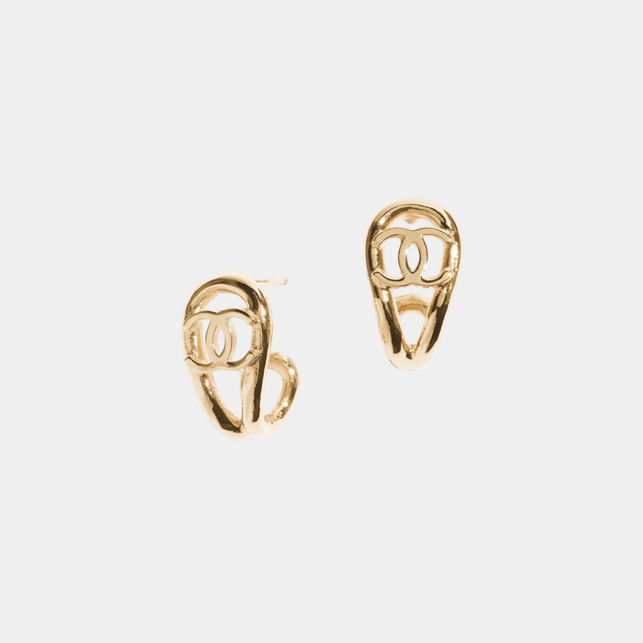 Chanel Pendant Earrings Metal & Glass Pearls Gold & Pearly White, Front