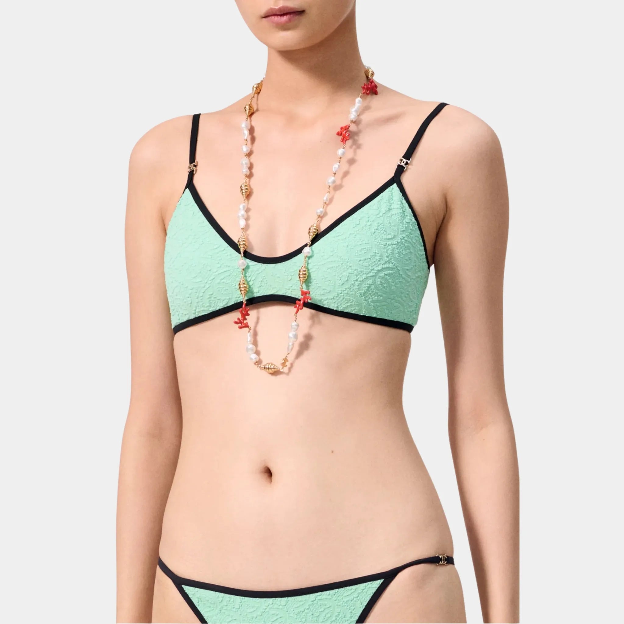 Chanel Swimsuit Top in Green & Black Stretch Jersey, Front