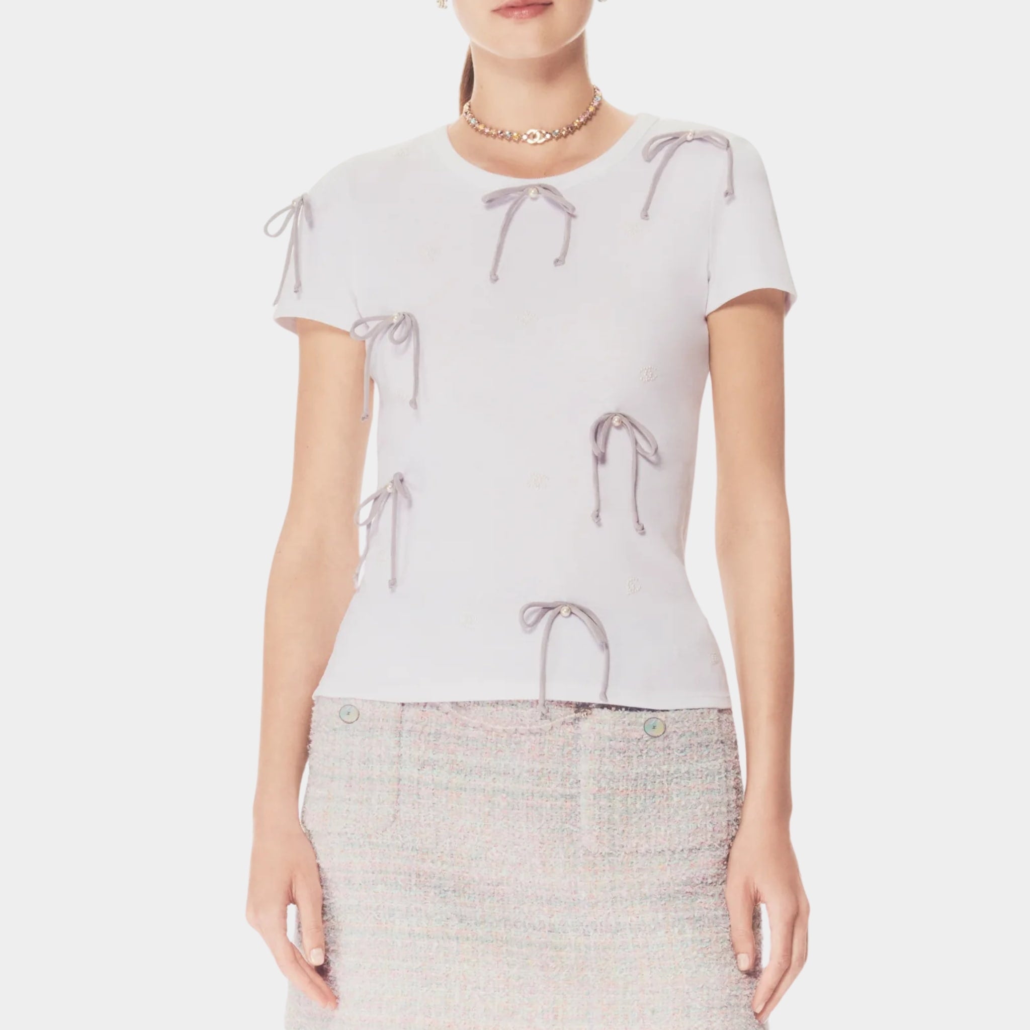 Chanel T-Shirt Embroidered Cotton Jersey White & Light Gray, Front