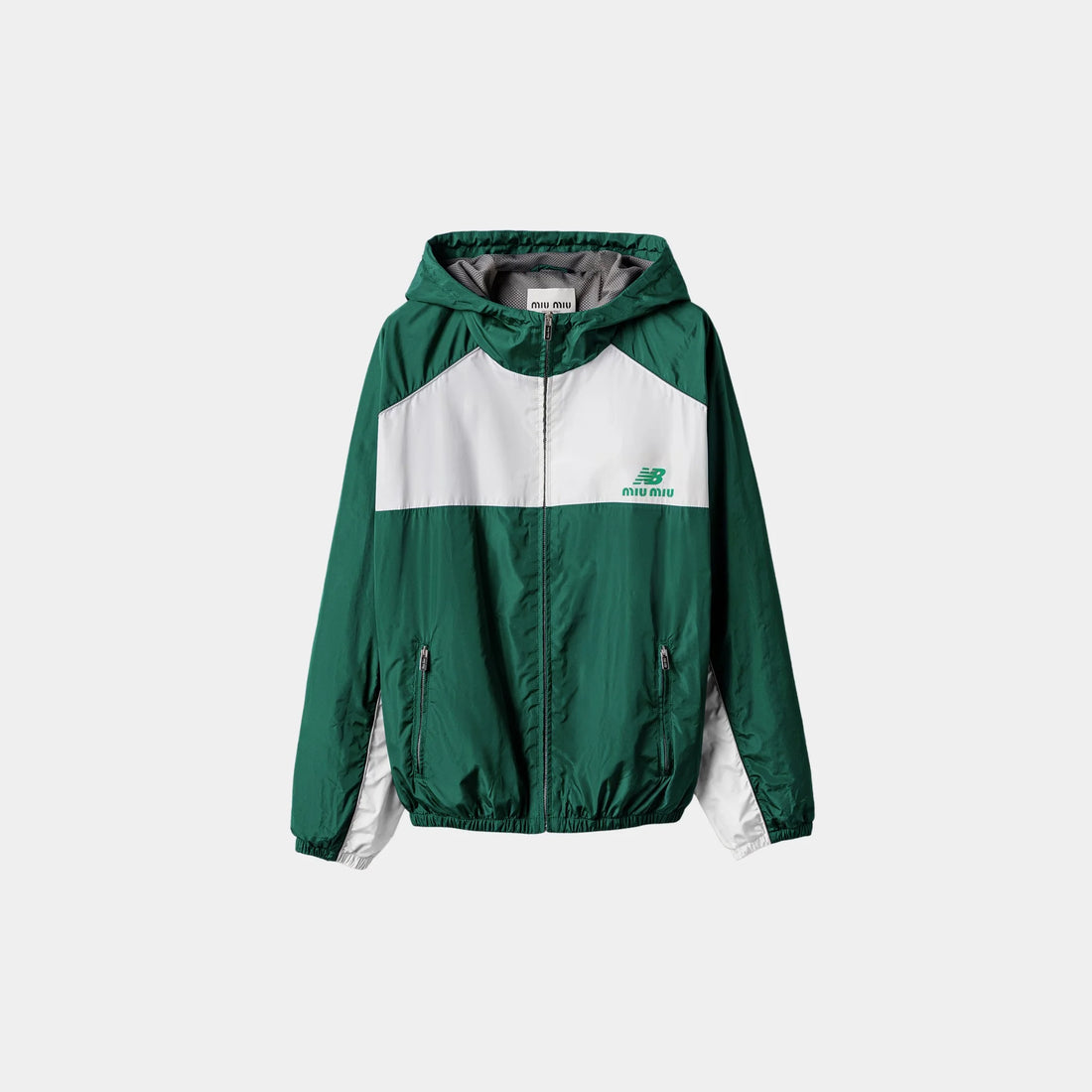 Miu Miu Technical Poplin Hoodie Jacket, Green, White, Front