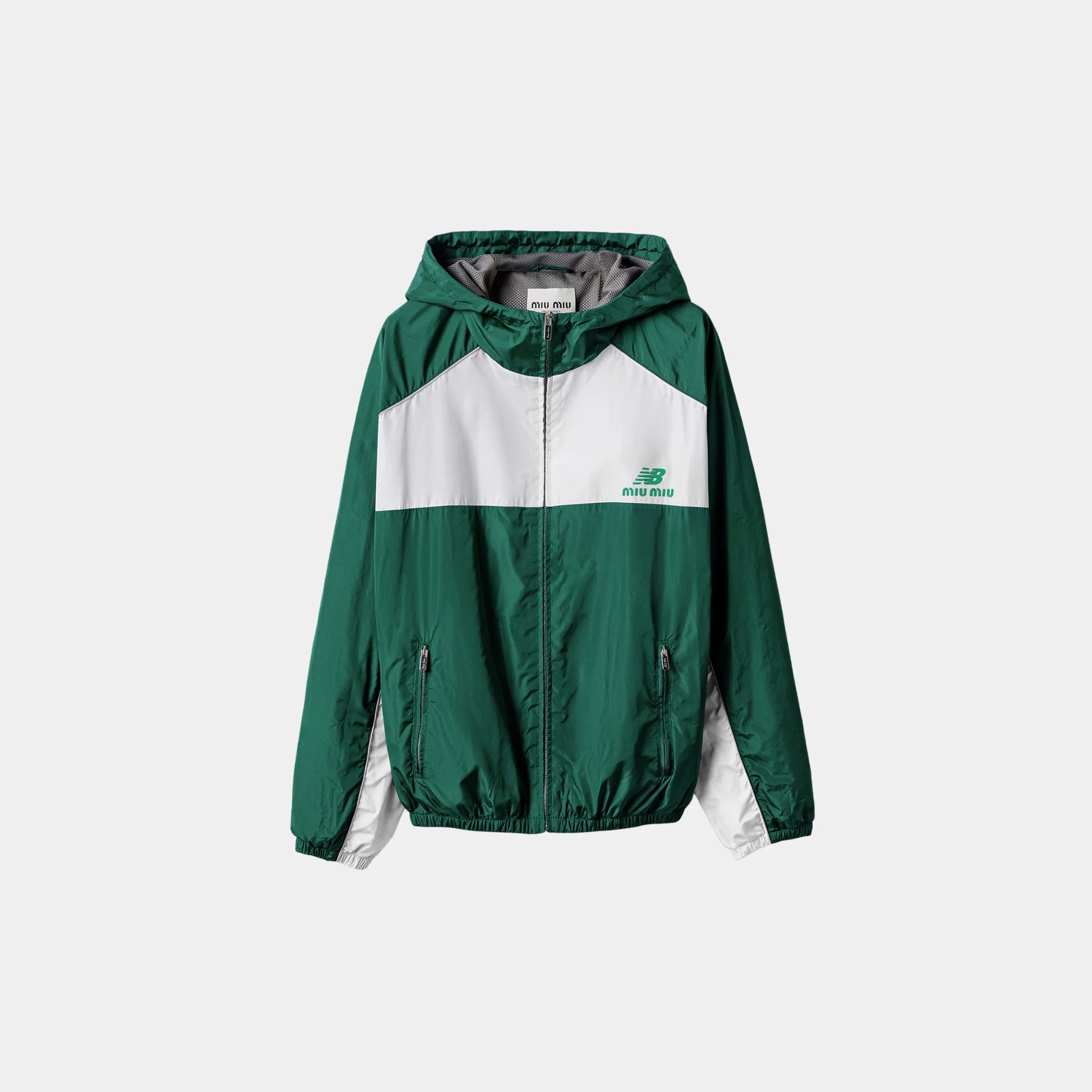 Miu Miu Technical Poplin Hoodie Jacket, Green, White, Front